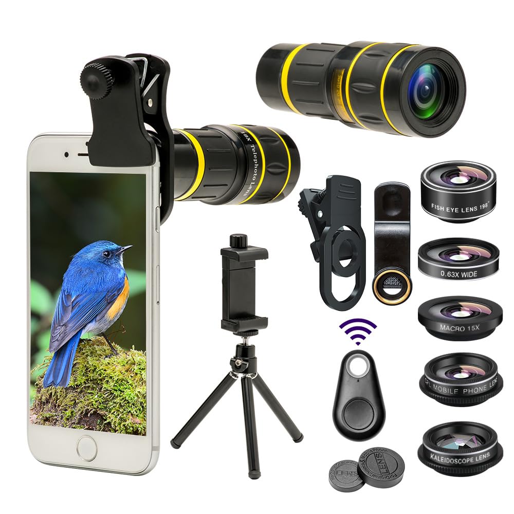 Godefa Cell Phone Camera Lens with Tripod+ Shutter Remote,6 in 1 18x Telephoto Zoom Lens/Wide Angle/Macro/Fisheye/Kaleidoscope/CPL, Clip-On lense Compatible for iPhone X 8 7 6s Plus, Samsung and More: Godefa Cell Phone Camera Lens with Tripod+ Shutter Remote,6 in 1 18x Telephoto Zoom Lens/Wide Angle/Macro/Fisheye/Kaleidoscope/CPL, Clip-On lense Compatible for iPhone X 8 7 6s Plus, Samsung and More