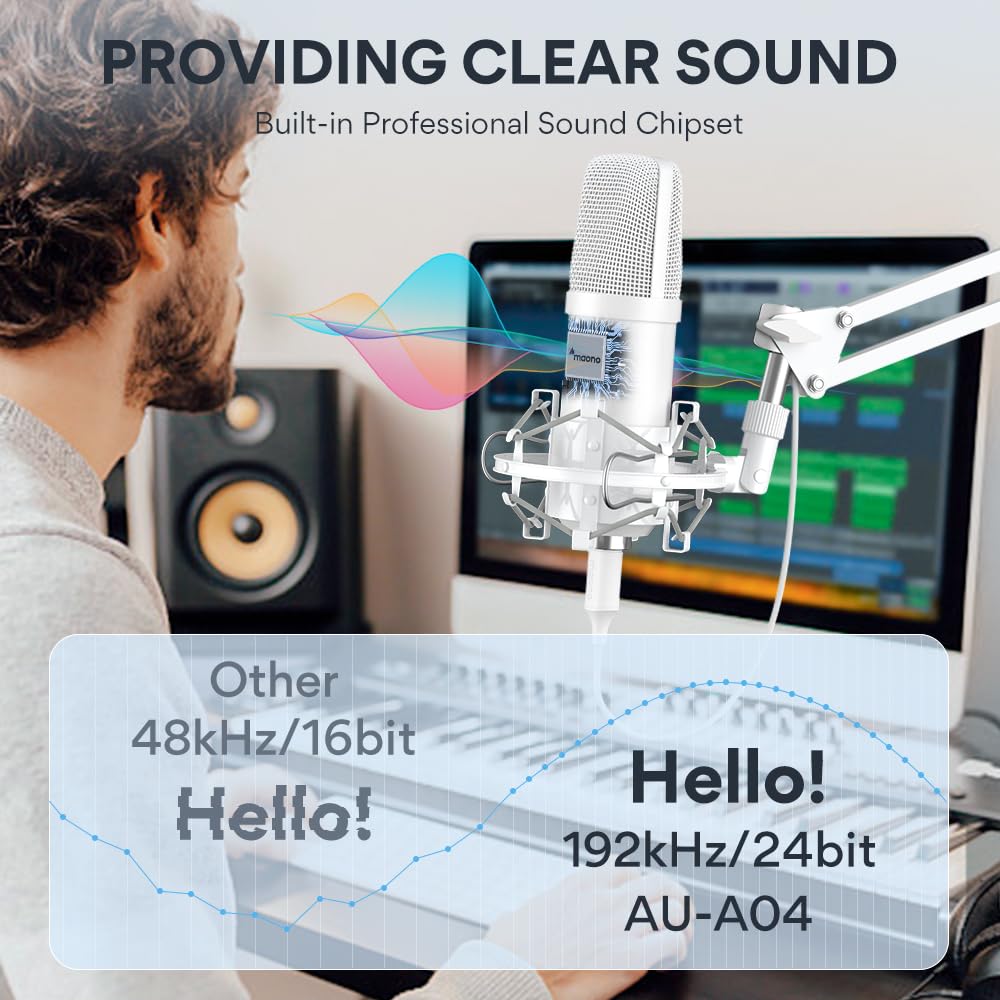 USB Microphone, MAONO 192KHZ/24Bit Plug & Play PC Computer Podcast Condenser Cardioid Metal Mic Kit with Professional Sound Chipset for Recording, Gaming, Singing, YouTube (AU-A04): White
