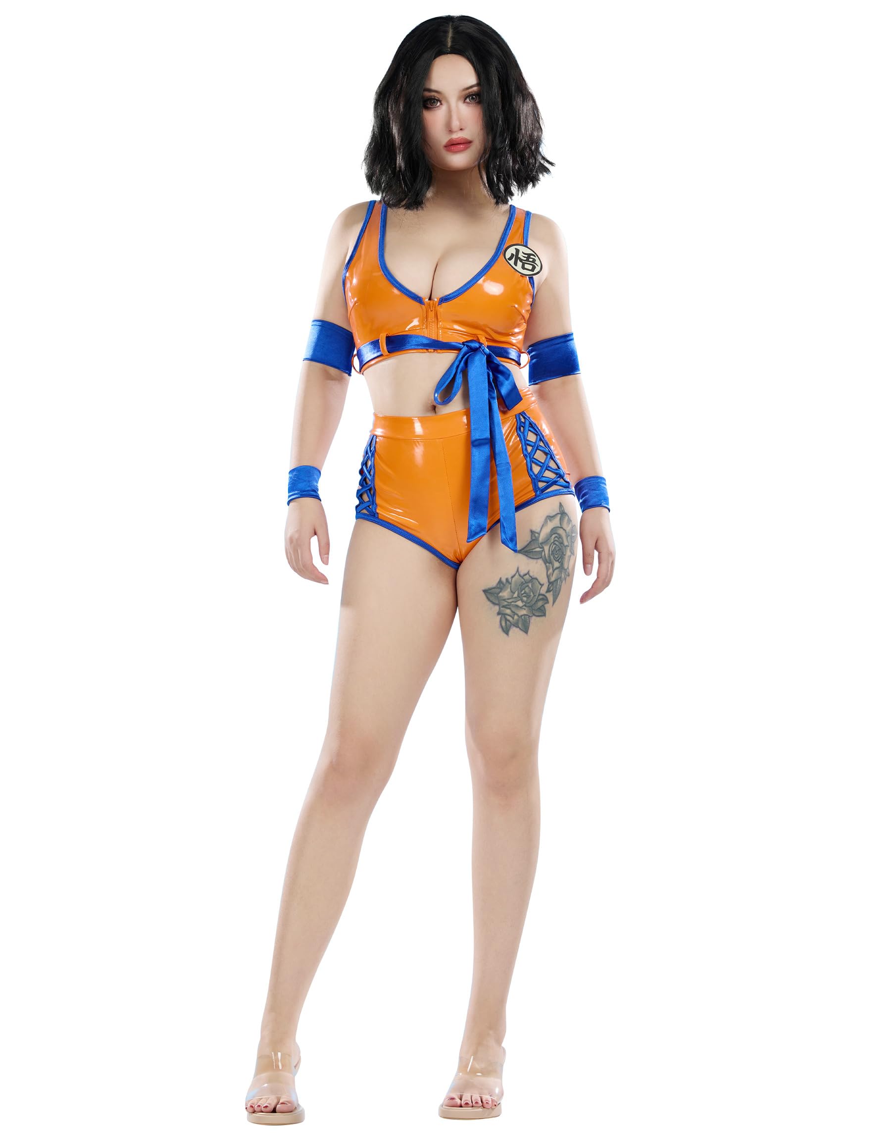 Mobbunny Women Dragon Derivative Cosplay Costume Set Short Top and Shorts with Belt Kung Fu Suit: Small Orange