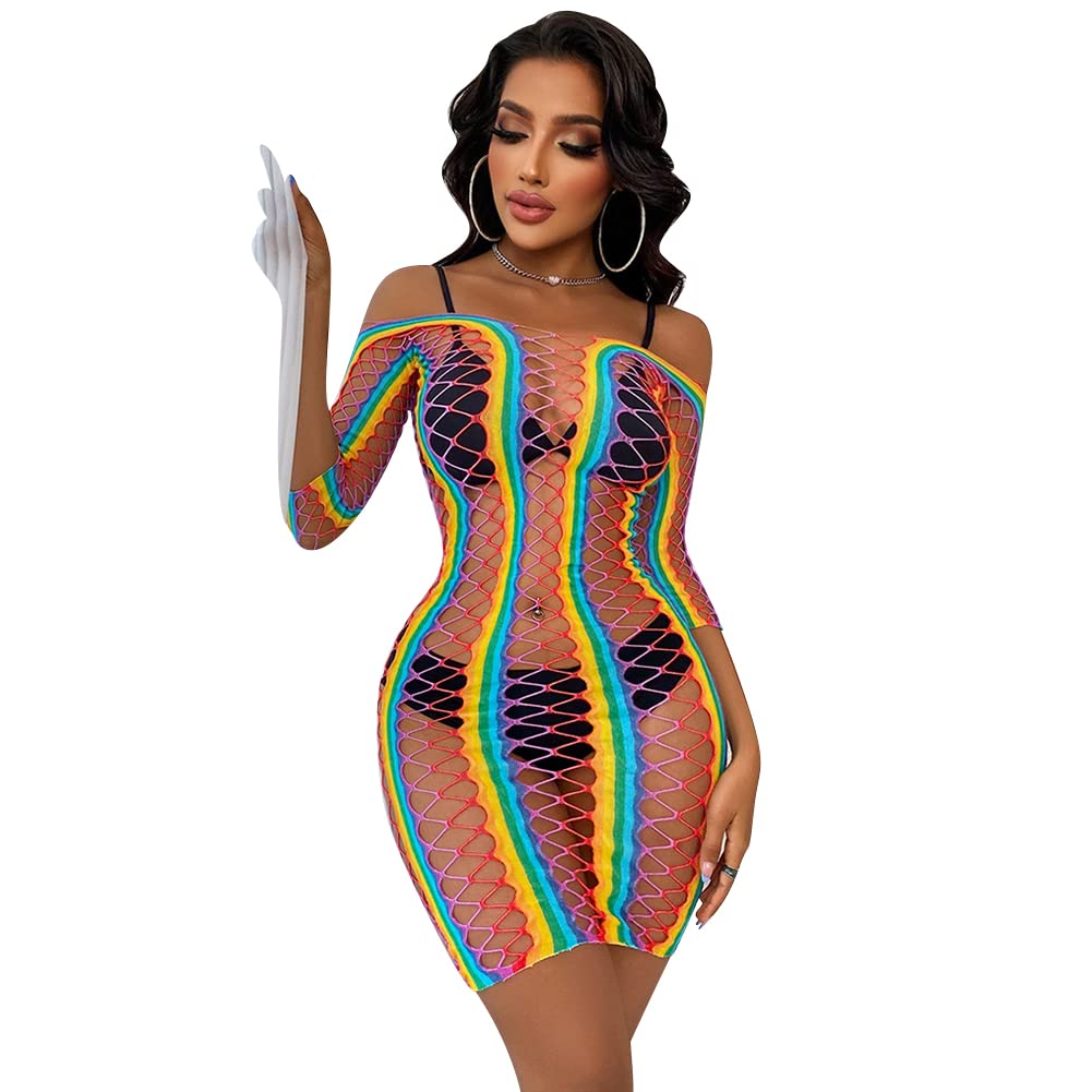 ABAFIP Women Colorful Rainbow Striped Fishnet Bodysuit Teddy Babydoll Mini Dress Festival Rave Dance Bikini Beach Coverups