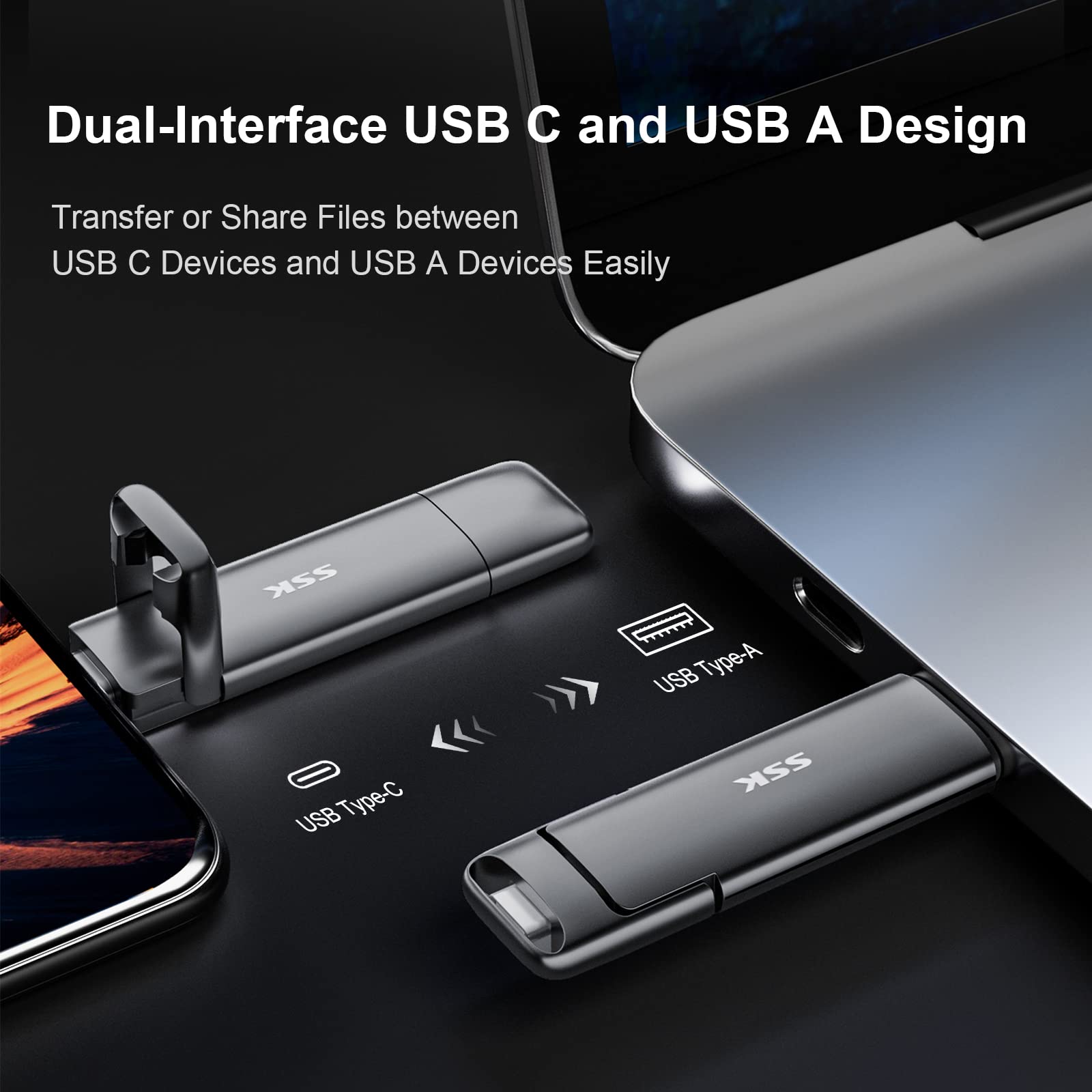 SSK  External USB SSD,Fast 550MB/s 2-in-1 Dual Drive USB Type C+ USB A 3.2 Gen2 Solid State Thumb Drive Data Storage for iPhone 15/PS4/Android Phone/Tablet/Windows/Mac: 2TB