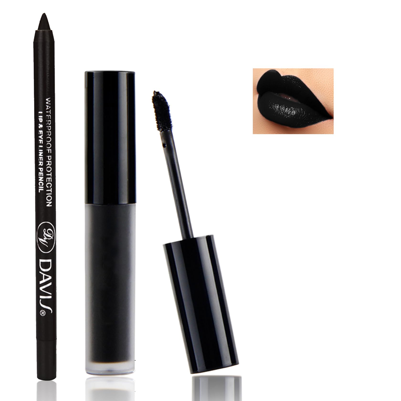 QIUFSSE 3 in 1 Black Lip Liner Pencil and Lipstick lipgloss Set Matte Black Lipstick Lip Gloss Kit Long-lasting Nonstick Cup Smudge Proof Lip Kits with Lip Liner,Velvet Goth Makeup (): Black
