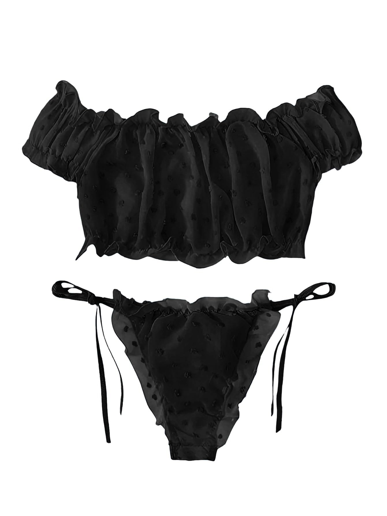 Lilosy Sexy Stretch Ruffle Tie Sheer Mesh Lingerie Set Outfits: Chiffon Medium Chiffon Black