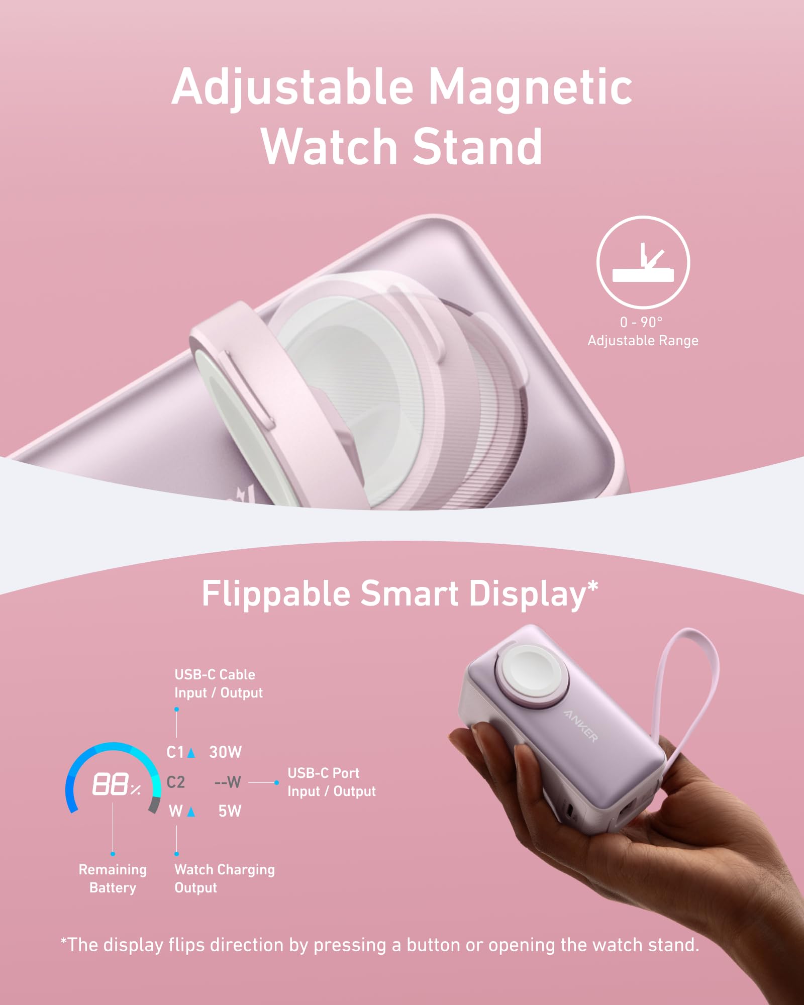 Anker MagGo Power Bank for Apple Watch, Officially Certified, 10,000 mAh Compact Battery Pack with Built-in USB-C Cable, 35 W Max, for iPhone 15 Series, Samsung, iPad, AirPods and More thumbnail 5