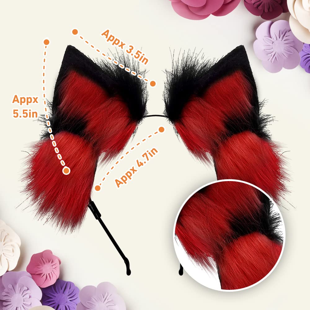 GaliaFaya Cat Wolf Fox Dog Ears Headband Handmade Faux fur Cosplay Halloween Costume Party: Black+red