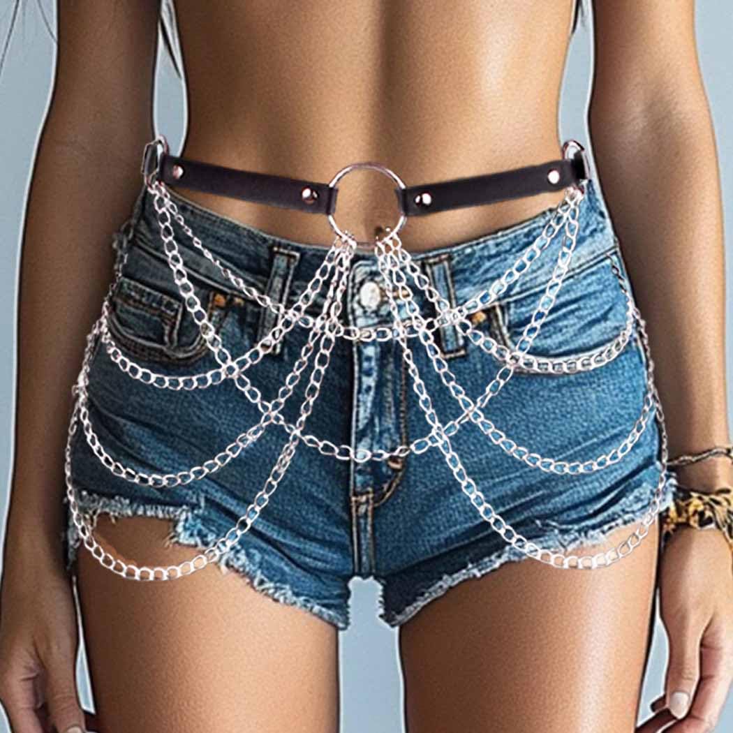 Cosydays Punk Leather Waist Chain Belt Black Harness Body Chain Layered Belly Chains Rave Outfits Body Chain Jewelry for Women: Cosydays Punk Leather Waist Chain Belt Black Harness Body Chain Layered Belly Chains Rave Outfits Body Chain Jewelry for Women