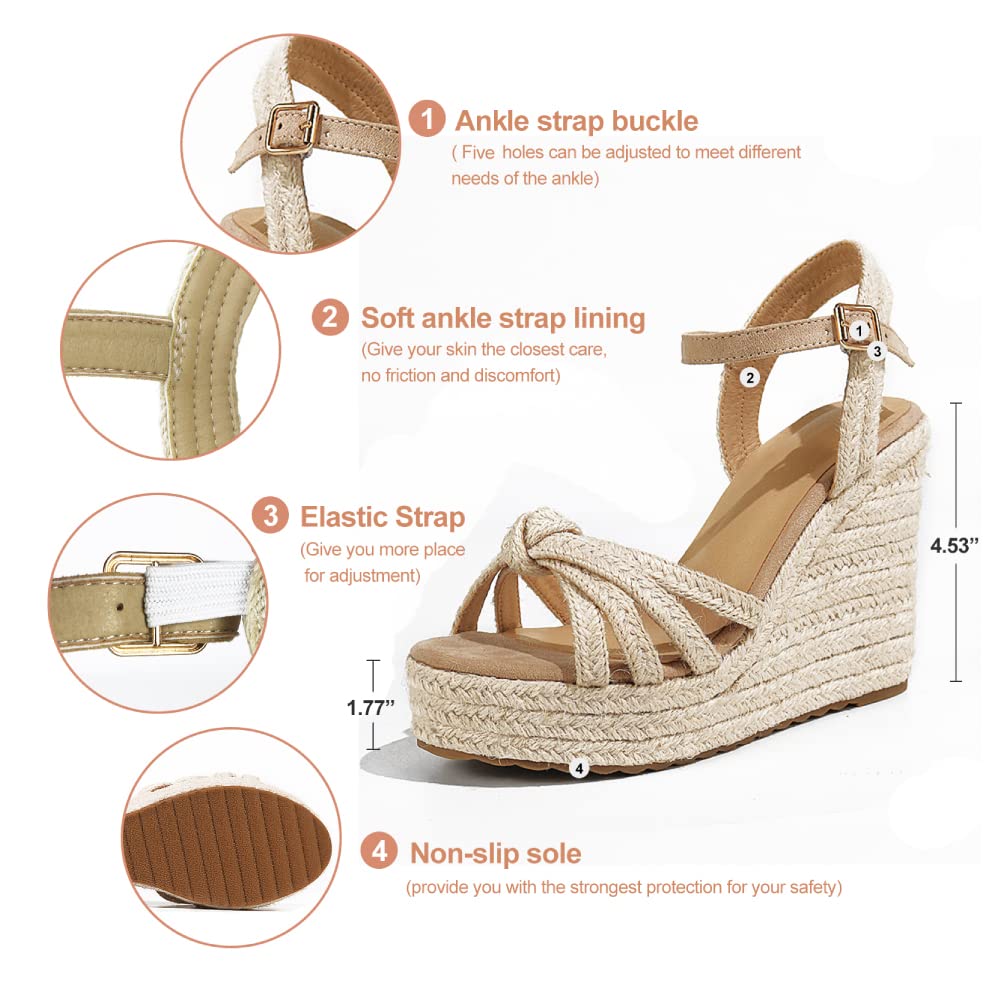 mikarka Wedge Sandals for Women: Open Toe Wedges Heels for Women - Comfortable Braided Summer Espadrilles Wedges Ankle Strap Platform High Heels Vacation Shoes: 7 Beige