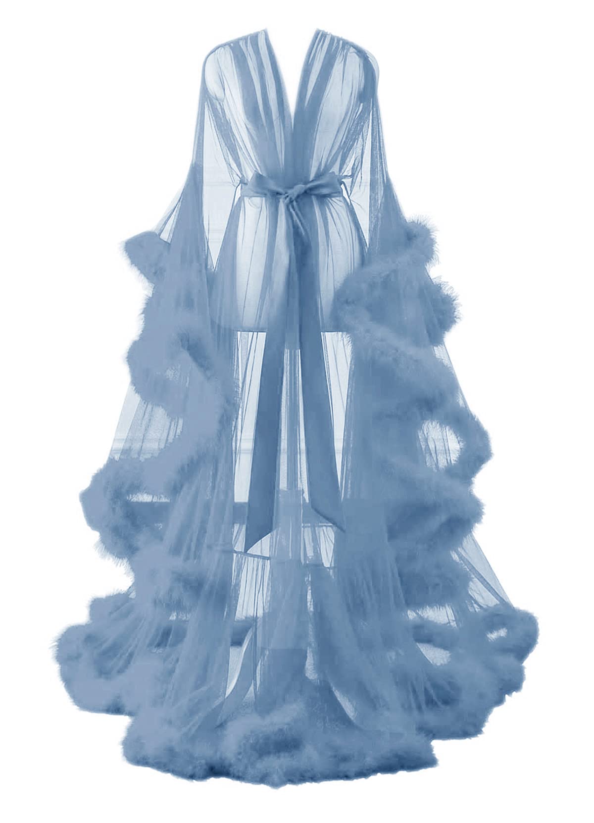 Changuan Sexy Feather Robe Long Fur Tulle Robe Sheer Lingerie Maternity Photoshoot Dress Sleepwear Nightgown Bathrobe