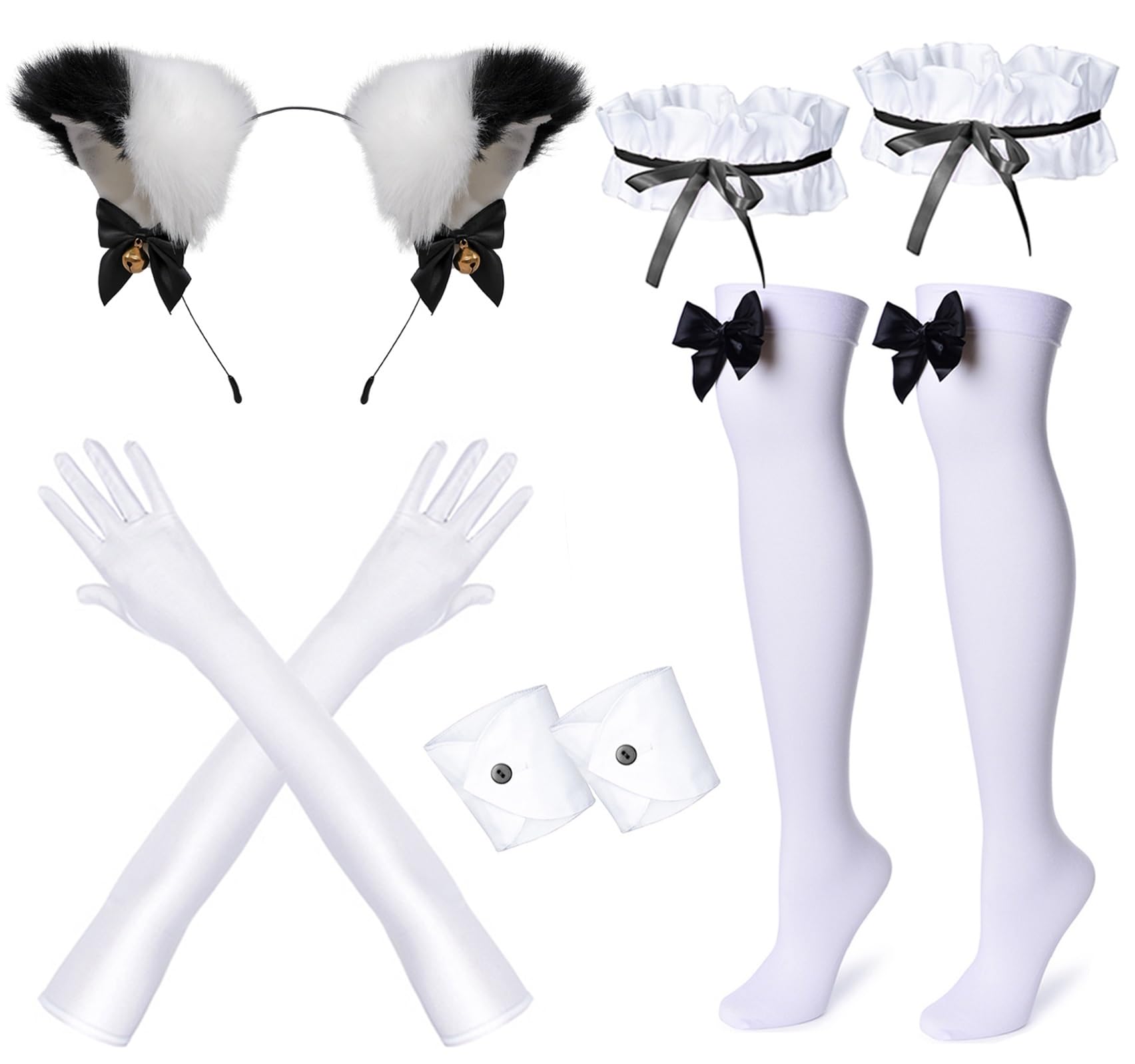 Wannsee Anime French Maid Apron Lolita Fancy Dress Cosplay Costume Furry Cat Ear Gloves Socks set(2XL): Small Black-white