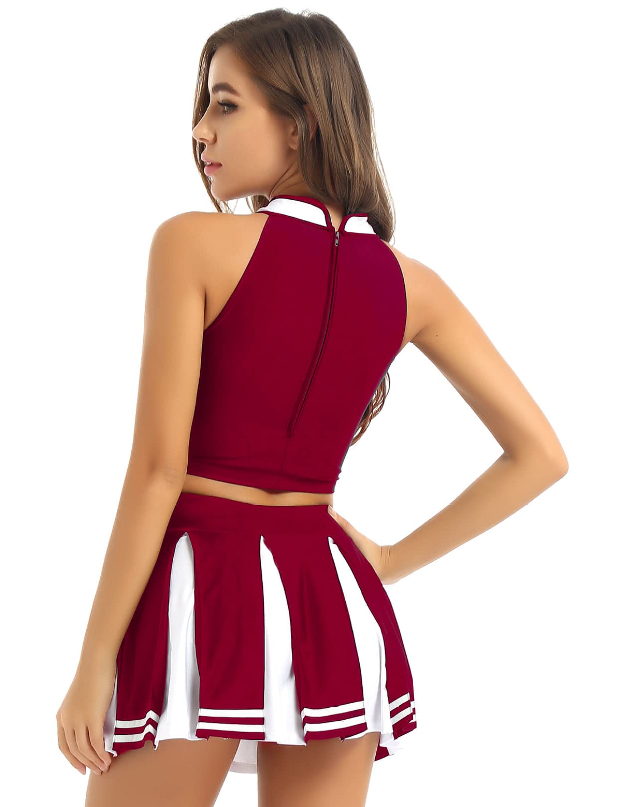 TSSOE Women Cheer Leader Costume Uniform Cheerleading Adult Dress Outfit Crop Top with Pleated Mini Skirt: Wine Red Small