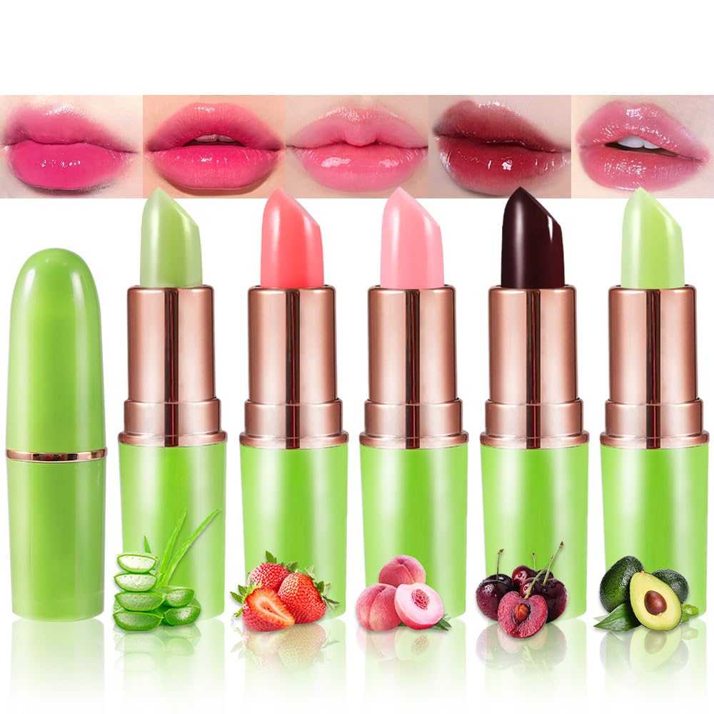 BINGBRUSH Aloe vera Color Changing Lipstick,Moisturizer Long Lasting Lip Care Magic Lip Gloss,Mood Makeup Lipstick Set,24 hours original(3Pcs Aloe+Strawberry+Cherry, 3 Count (Pack of 1)): 1 Count (Pack of 1) 5 Pcs-01#Aloe+02#Strawberry+09#Peach+04#Red Cherry+10#Avocado