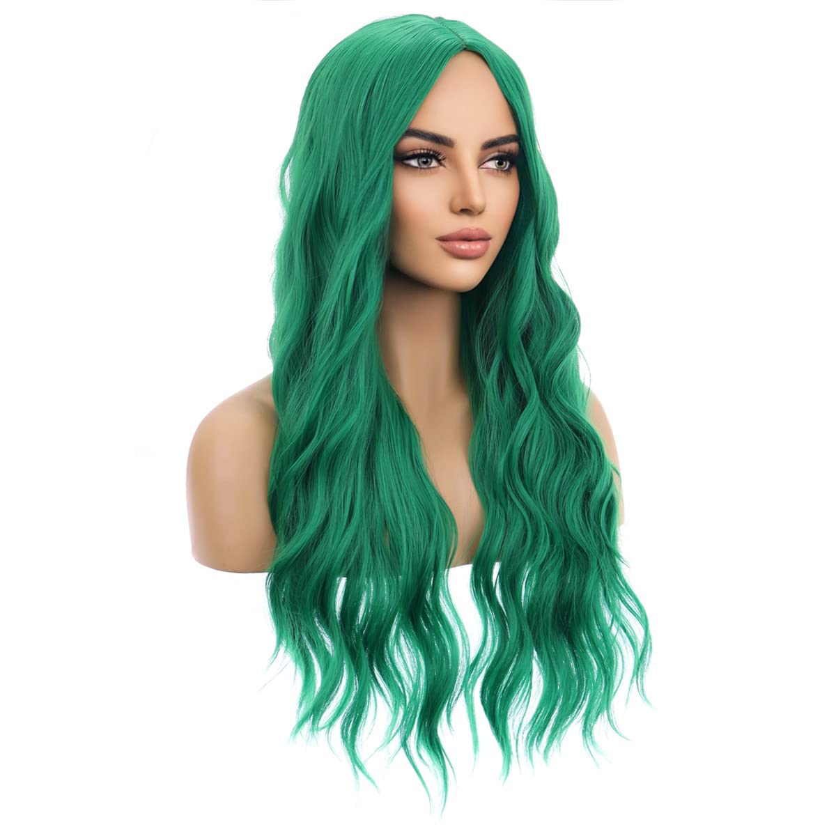 MAGQOO  Flame Fire Wig - Long Curly Wavy Ombre Wigs for Women & Girls - Middle Part, Heat Resistant, High Density Synthetic Wigs: Emerald Green