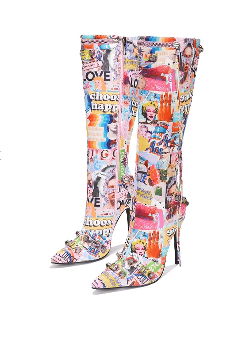Cape Robbin Womem Knee High Boots Pointed Toe Stiletto Heels Side Zipper Rivets Tassels Boots thumbnail 2