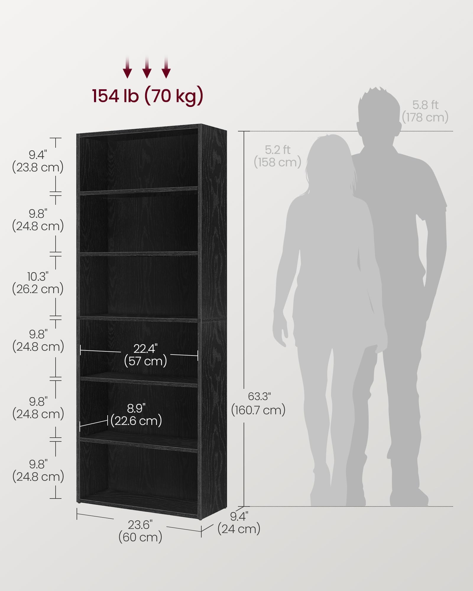 VASAGLE Bookshelf, 23.6 Inches Wide, 6-Tier Open Bookcase with Adjustable Storage Shelves, Floor Standing Unit, Ebony Black ULBC166T56