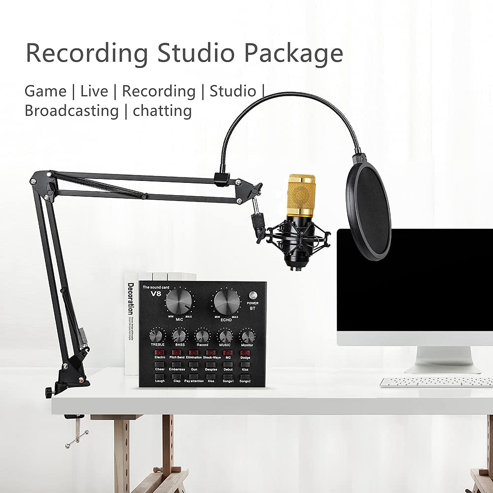Podcast Equipment Bundle, BM-800 Recording Studio Package with Voice Changer, Live Sound Card - Audio Interface for Laptop Computer Vlog Living Broadcast Live Streaming YouTube TikTok ()