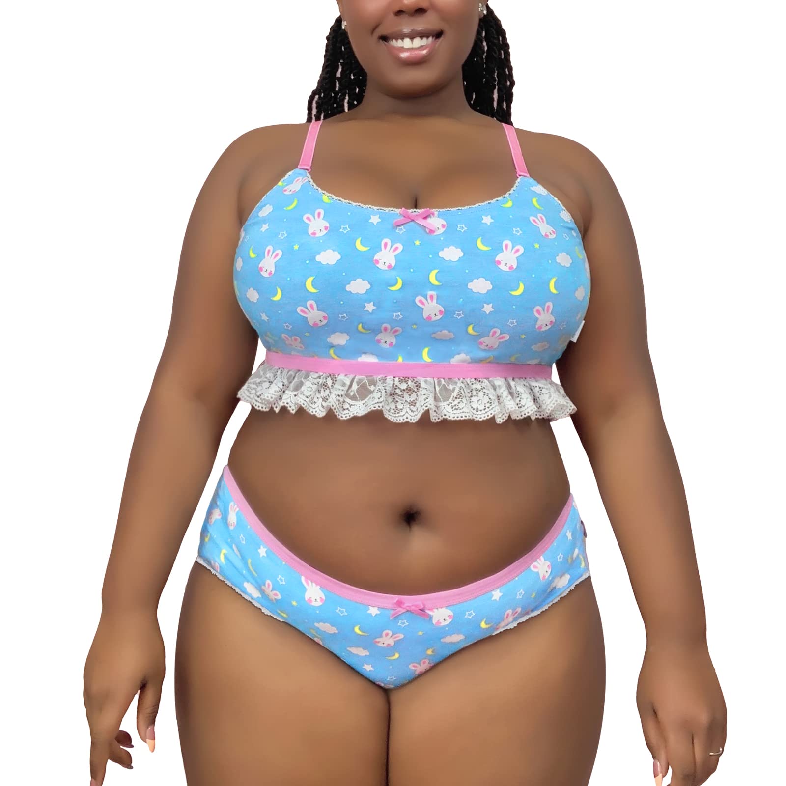 Littleforbig Lacy Trim Women Nightwear Strap Sleepwear Cami Top Shorts Lingerie bralette loungewear Set - Snuggle Bunny: Large Blue