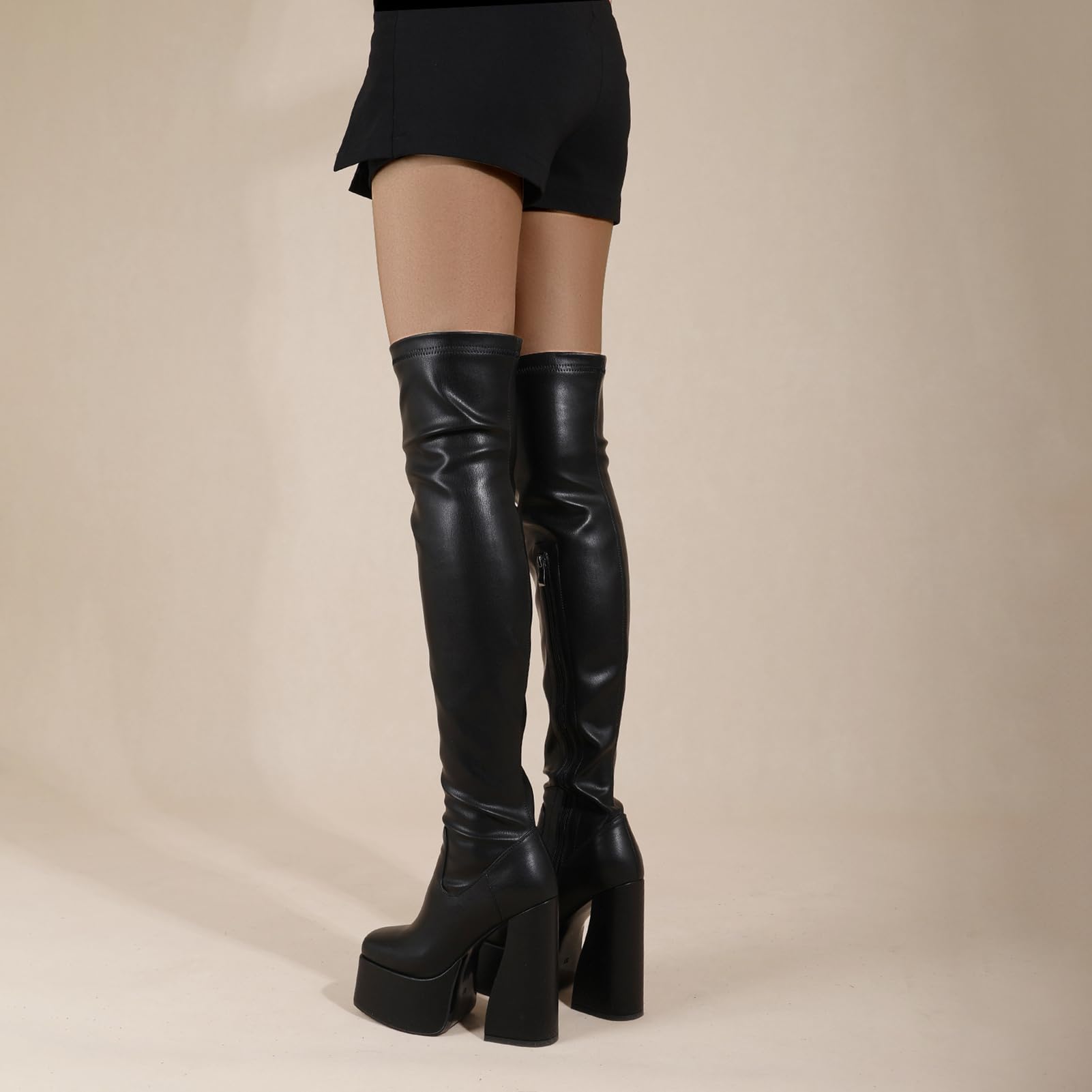 LanreyTaley Platform Thigh High Boots for Women Chunky Block Heels Over The Knee Boots Stretch Go-Go Boot Square Toe Party Boots with Zipper: 10 Black