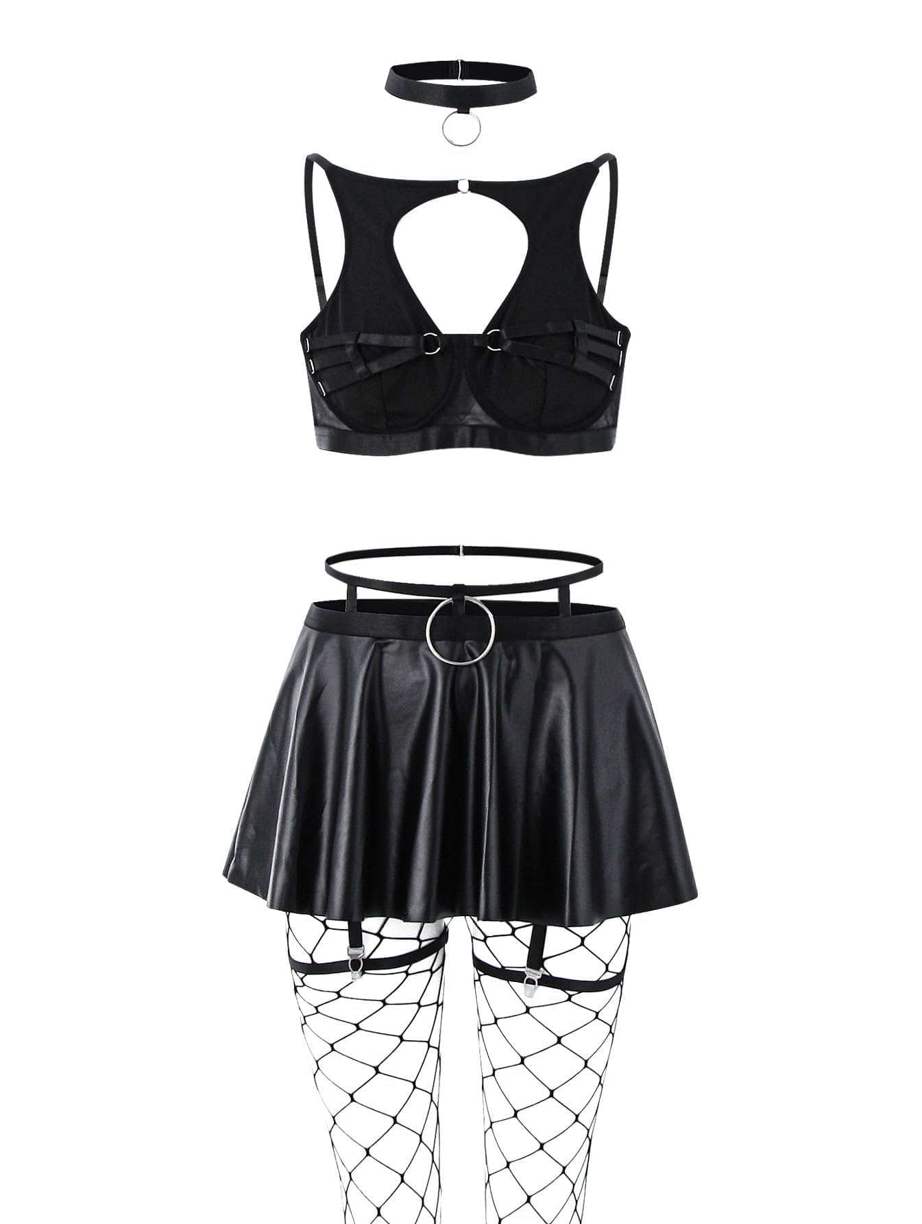 Lilosy Sexy Stocking Chocker Strappy Underwire O Ring Push Up Garter Belt Women Skirt 5 Piece: Medium Black