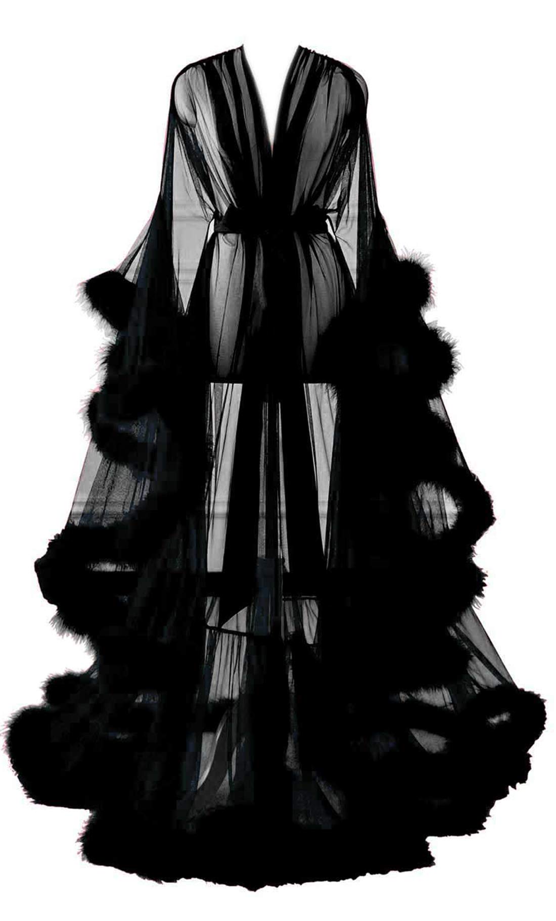 Changuan Sexy Feather Robe Long Fur Tulle Robe Sheer Lingerie Maternity Photoshoot Dress Sleepwear Nightgown Bathrobe: Small-Medium Black