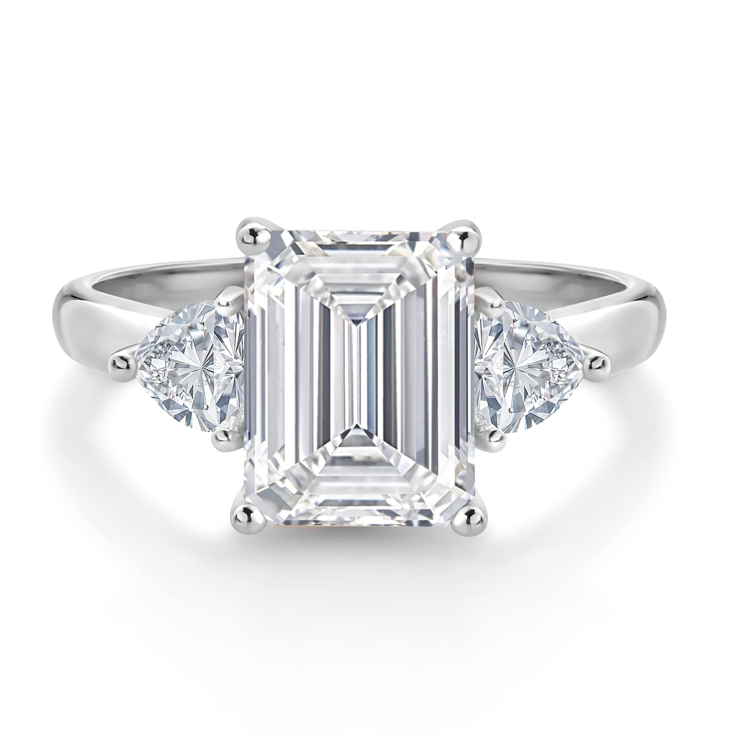 10K White Gold Gemstone Birthstone and White Moissanite 3-Stone Engagement Ring for Women | Emerald Cut 9X7MM and Trillion 4MM | Fine Jewelry for Wedding Anniversary Promise | Sizes 5, 6, 7, 8, 9 thumbnail 1