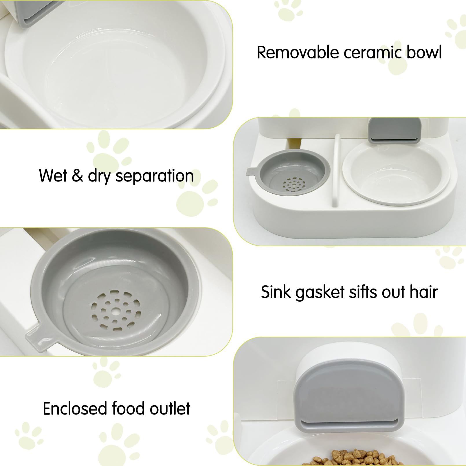 Fhiny Gravity Cat Feeder and Water Dispenser, 2 in 1 Automatic Pet Waterer Detachable Stainless Steel Food Bowls Set Pet Food Storage for Small Dog Puppy Cat Kitten Pet Easy Clean (Grey): Style F Grey-Ceramic Bowl
