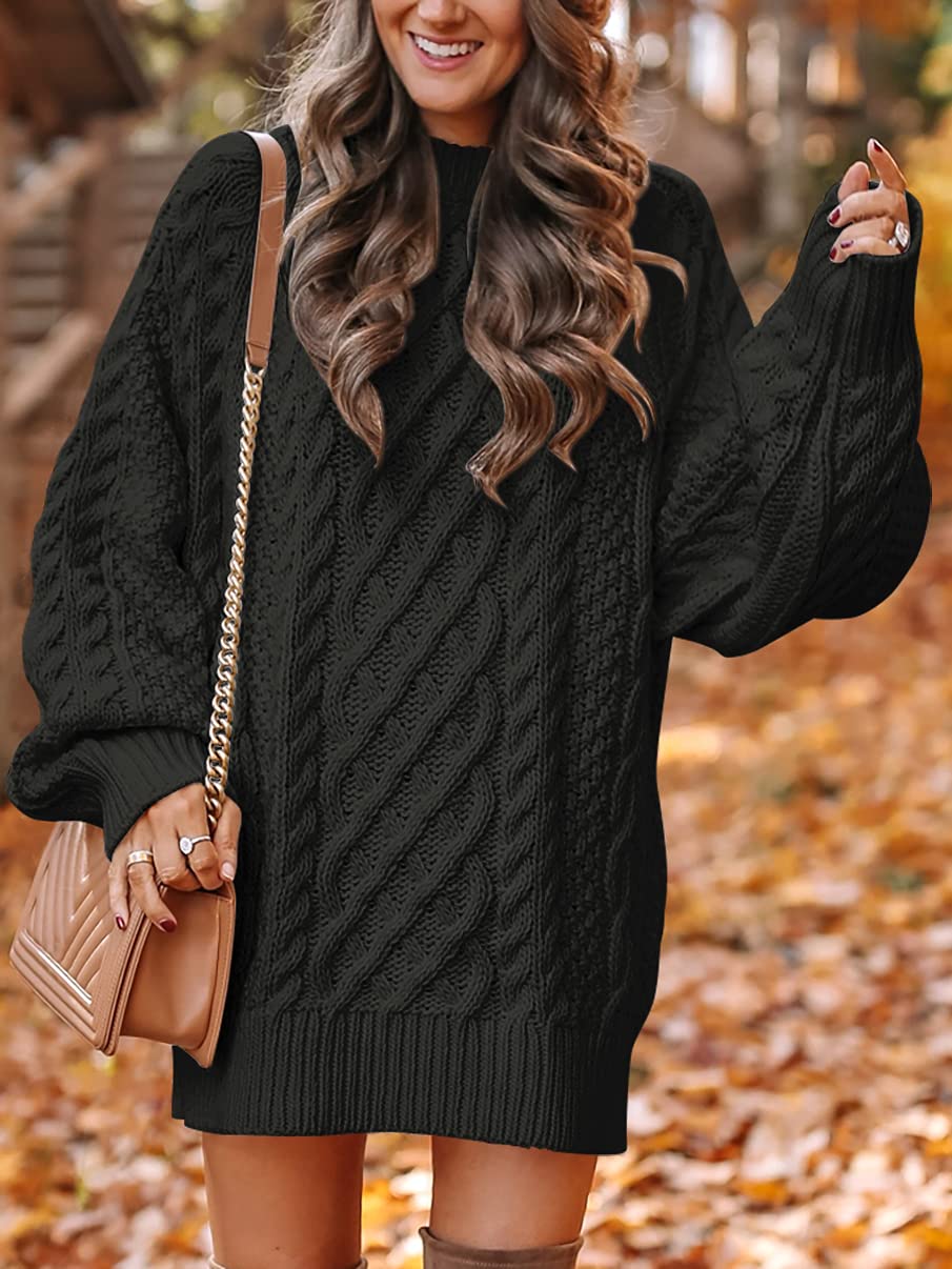 ANRABESS Womens Sweater Dress Oversized Cable Knit Chunky Long Sleeve Short Dresses 2025 Fall Outfits Vacation Winter Clothes: Black Small