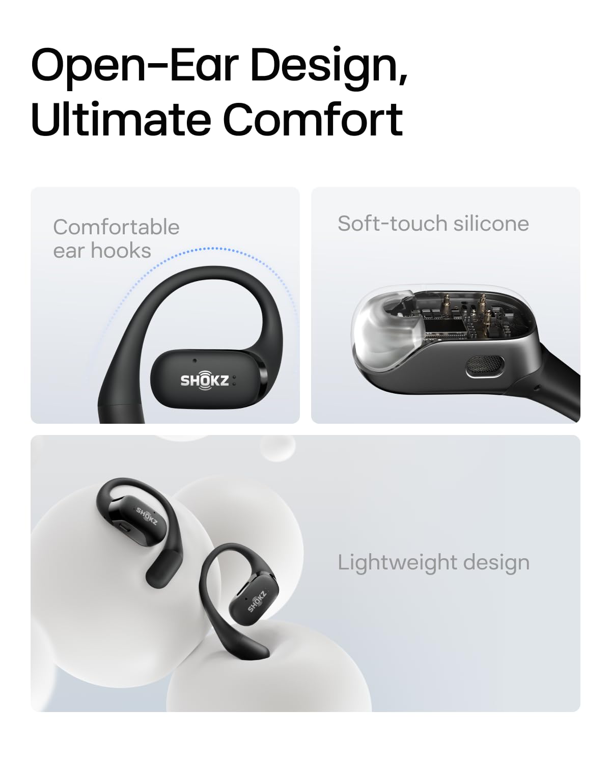 SHOKZ OpenFit - Open-Ear True Wireless Bluetooth Headphones with Microphone, Earbuds with Earhooks, Sweat Resistant, Fast Charging, 28HRS Playtime, Compatible with iPhone & Android,