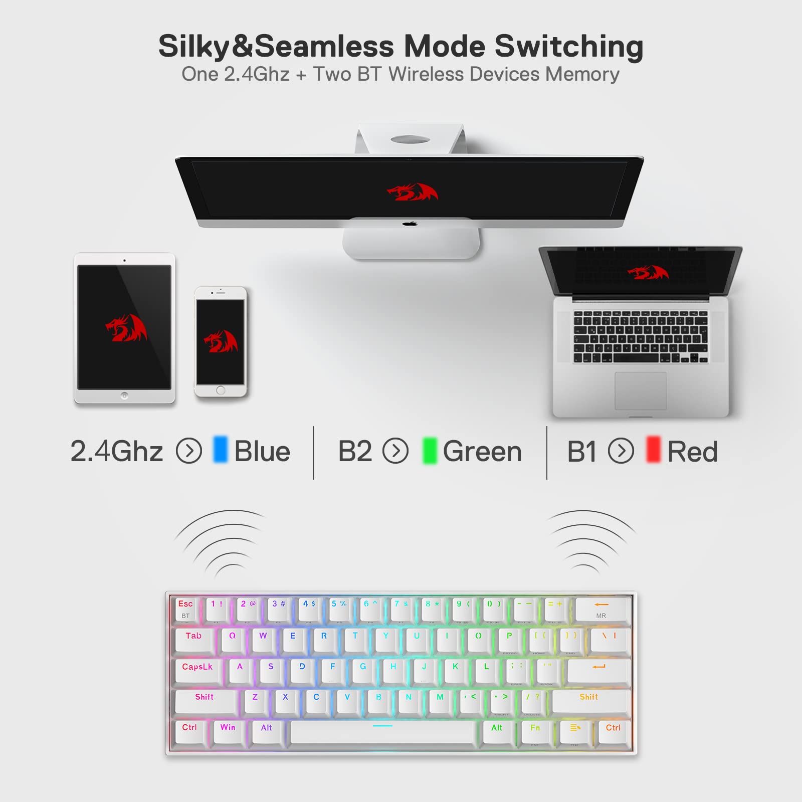 Redragon K530 Pro Draconic 60% Wireless RGB Mechanical Keyboard, BT/2.4Ghz/Wired 3-Mode 61 Keys Compact Gaming Keyboard w/Hot-Swap Socket, Free-Mod Plate Mounted PCB & Clicky Blue Switch: Blue Switch White