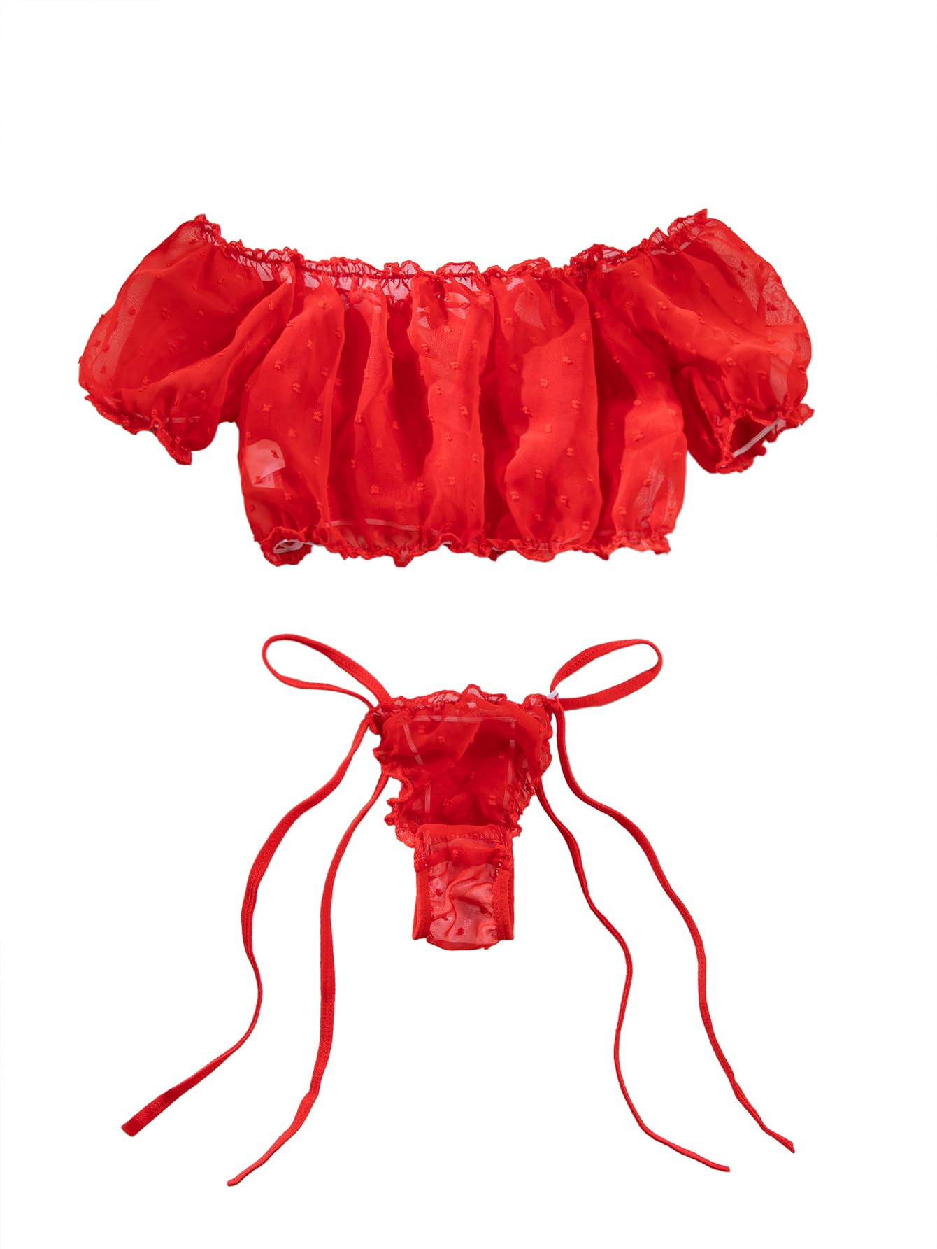 Lilosy Sexy Stretch Ruffle Tie Sheer Mesh Lingerie Set Outfits: Chiffon Small Chiffon Red