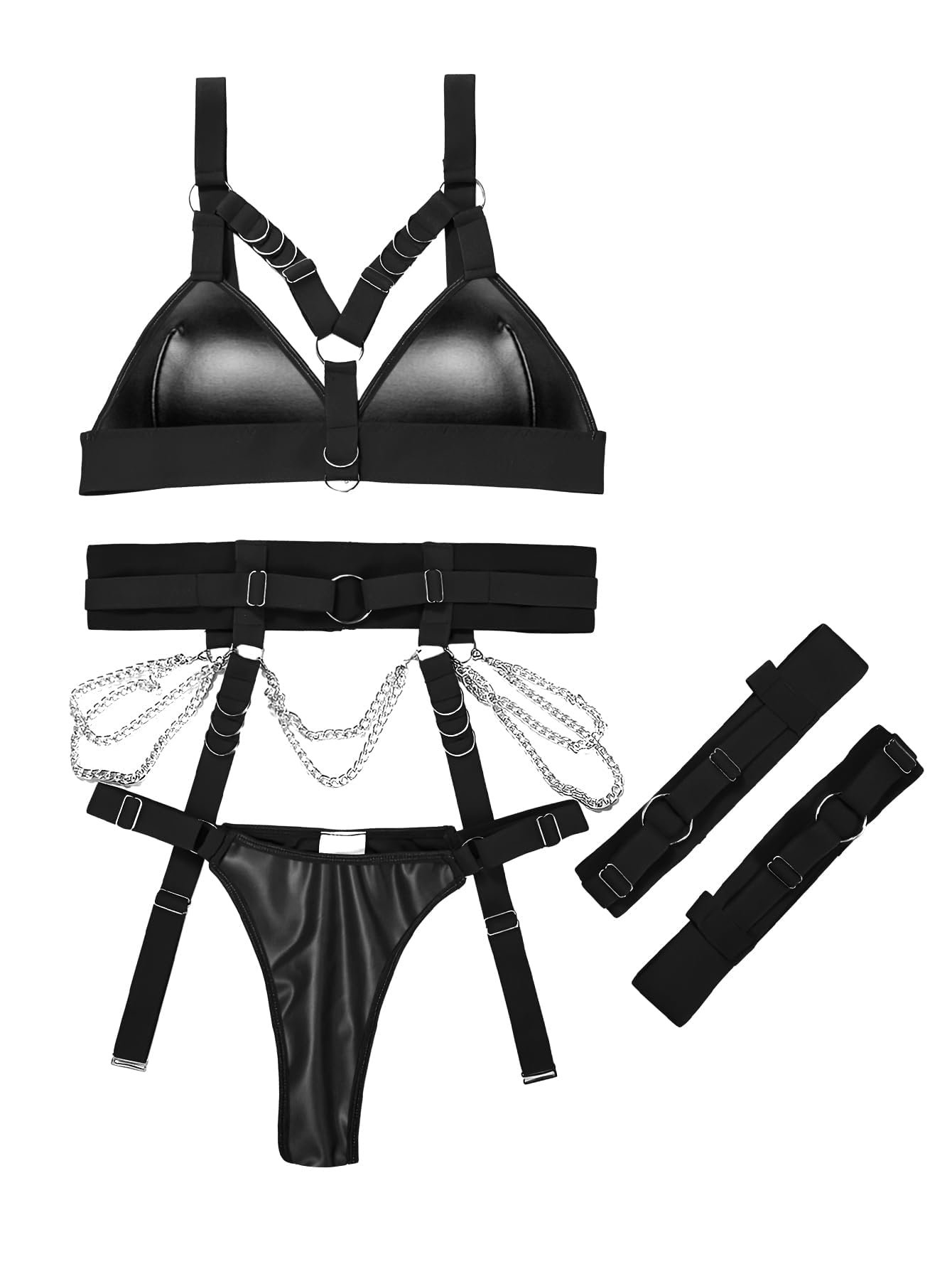 Alrovetoney Sexy Lingerie Set For Women With Garter Belt 5 Pieces Strappy Bra and Panty Set Adjustable With Chain: Medium Black Leather
