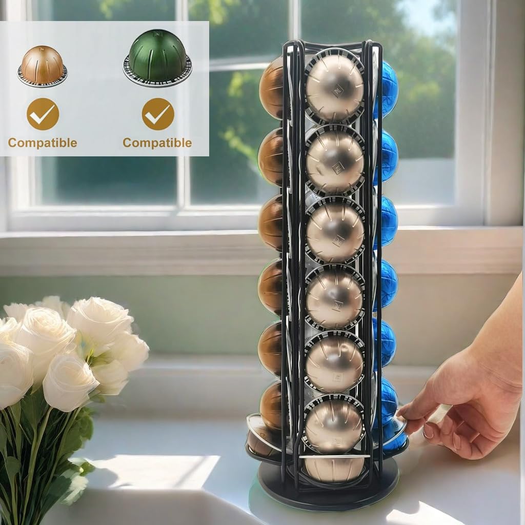 Meelio Vertuo Pod Holder Carousel Stand for 28 Nespresso Vertuo Capsule Storage Organizer with Extra Space for Coffee Mate Silent Rolling，Black: Black 28 Vertuo Pod