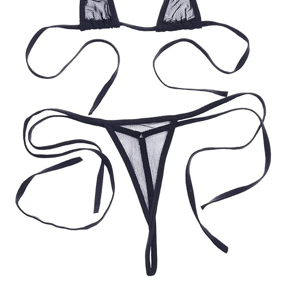 ZTie Women’s Sheer Extreme Swimsuit Bikini Halterneck Top and Tie Sides Micro Bikini Thong Sets