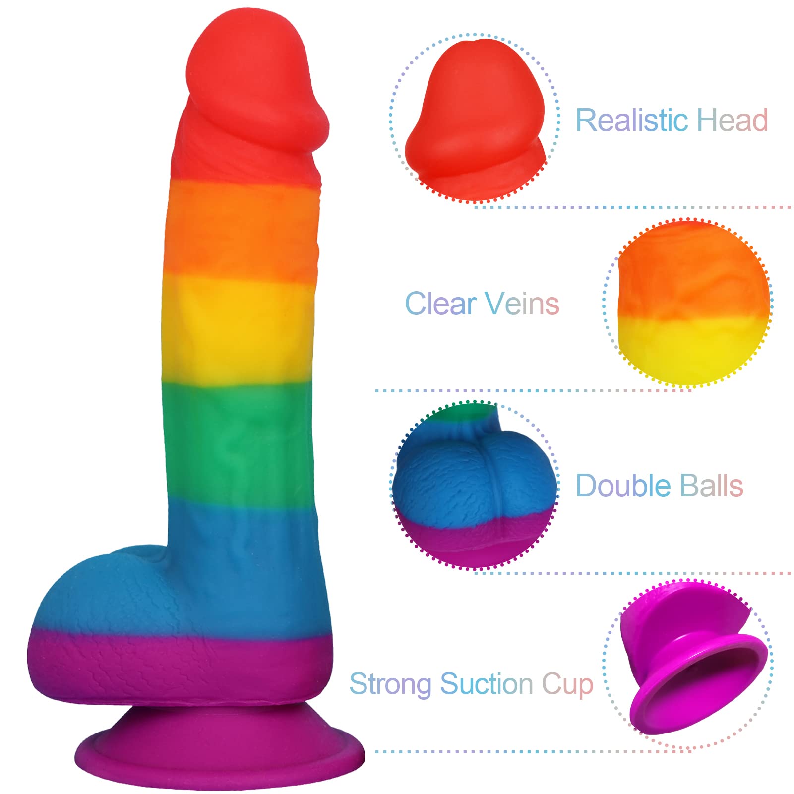 Realistic Dildo for Adult Sex Toys Liquid Silicone Material Strong Suction Cup Hands-Free Play 2 Balls(Rainbow): 7.5 Inch