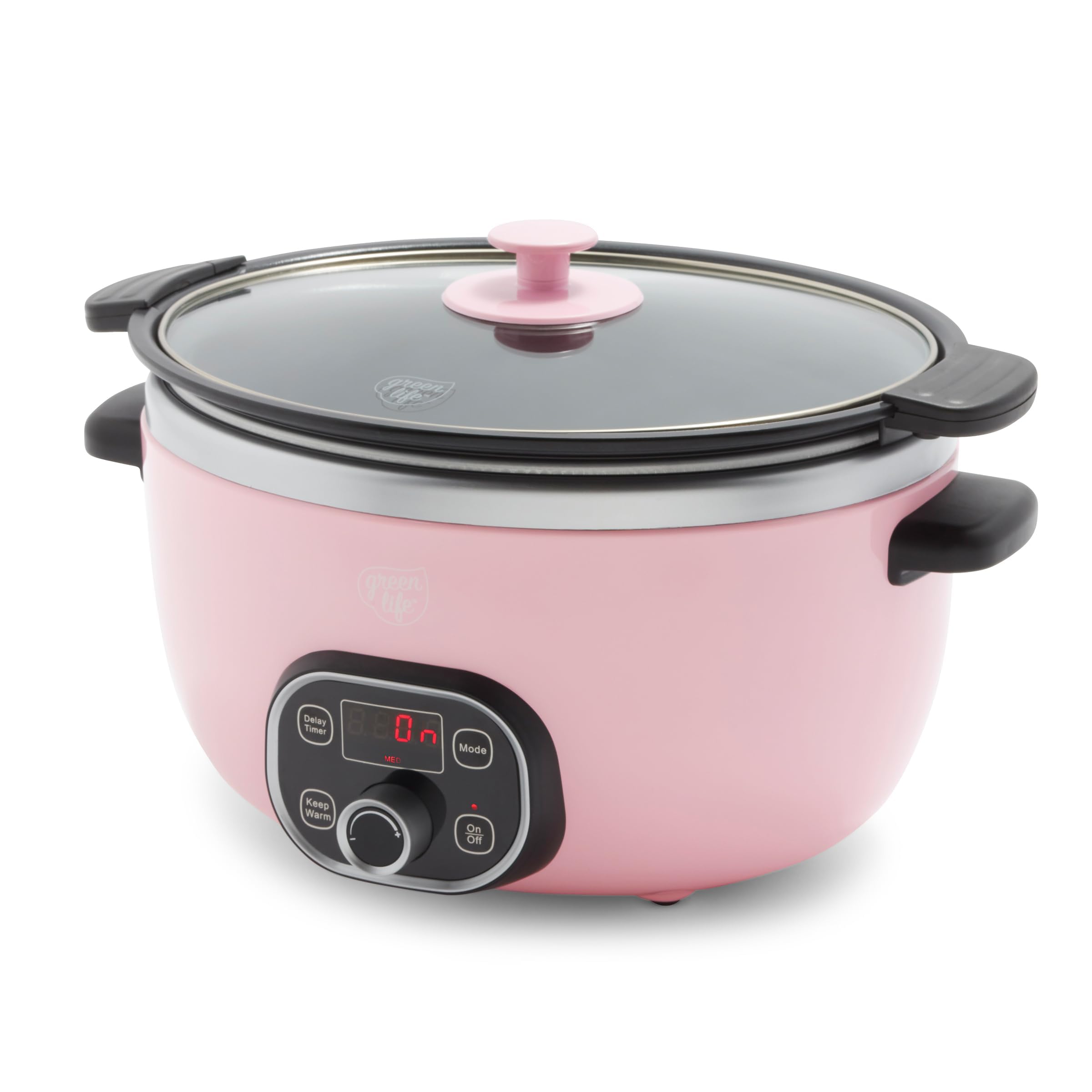 GreenLife 6 Quart Ceramic Slow Cooker, PFAS-Free, Programmable, Removable Healthy Nonstick Pot for Family Meals, Sear on Stovetop, Keep Warm, Digital Timer, Dishwasher Safe Glass Lid & Crock, Pink