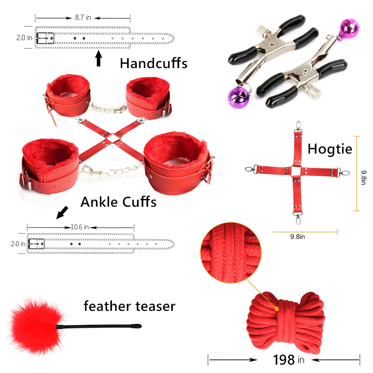 BDSM Restraints Sex Toys 15 Pcs for Couples Bondage Kits Fetish Bed Restraints Set for Beginners SM Adult Games Spanking Paddle: Red