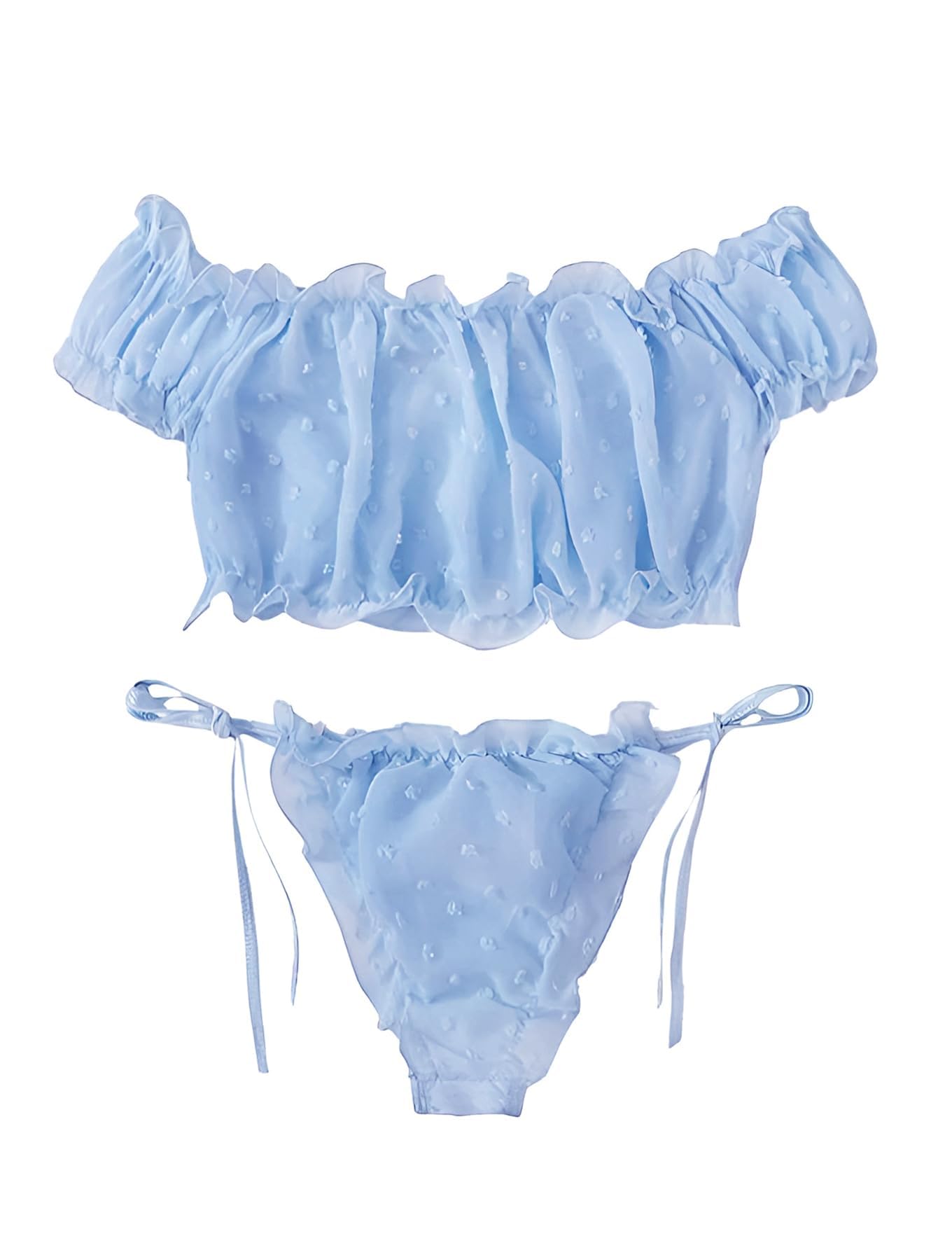 Lilosy Sexy Stretch Ruffle Tie Sheer Mesh Lingerie Set Outfits: Chiffon Medium Chiffon Light Blue