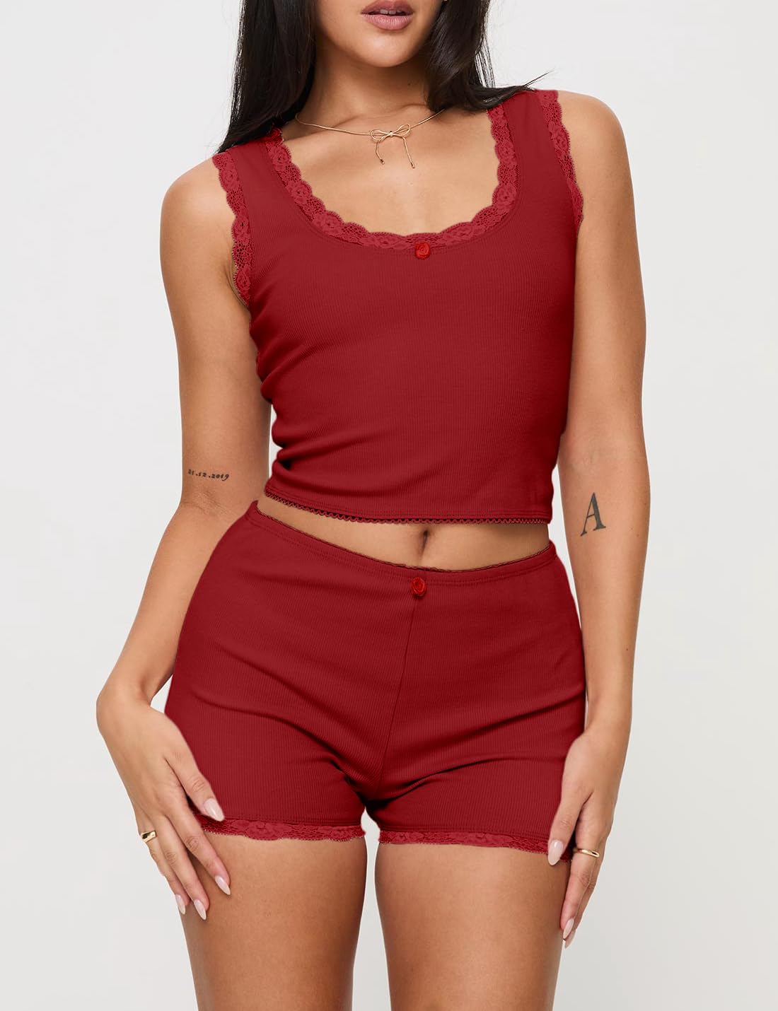 Pajama Sets For Women 2 Piece Ribbed Tank Top With Lace Trim High-rise Shorts Scooped Neckline Cute Pajamas Sleep Sets: Wine Red Medium
