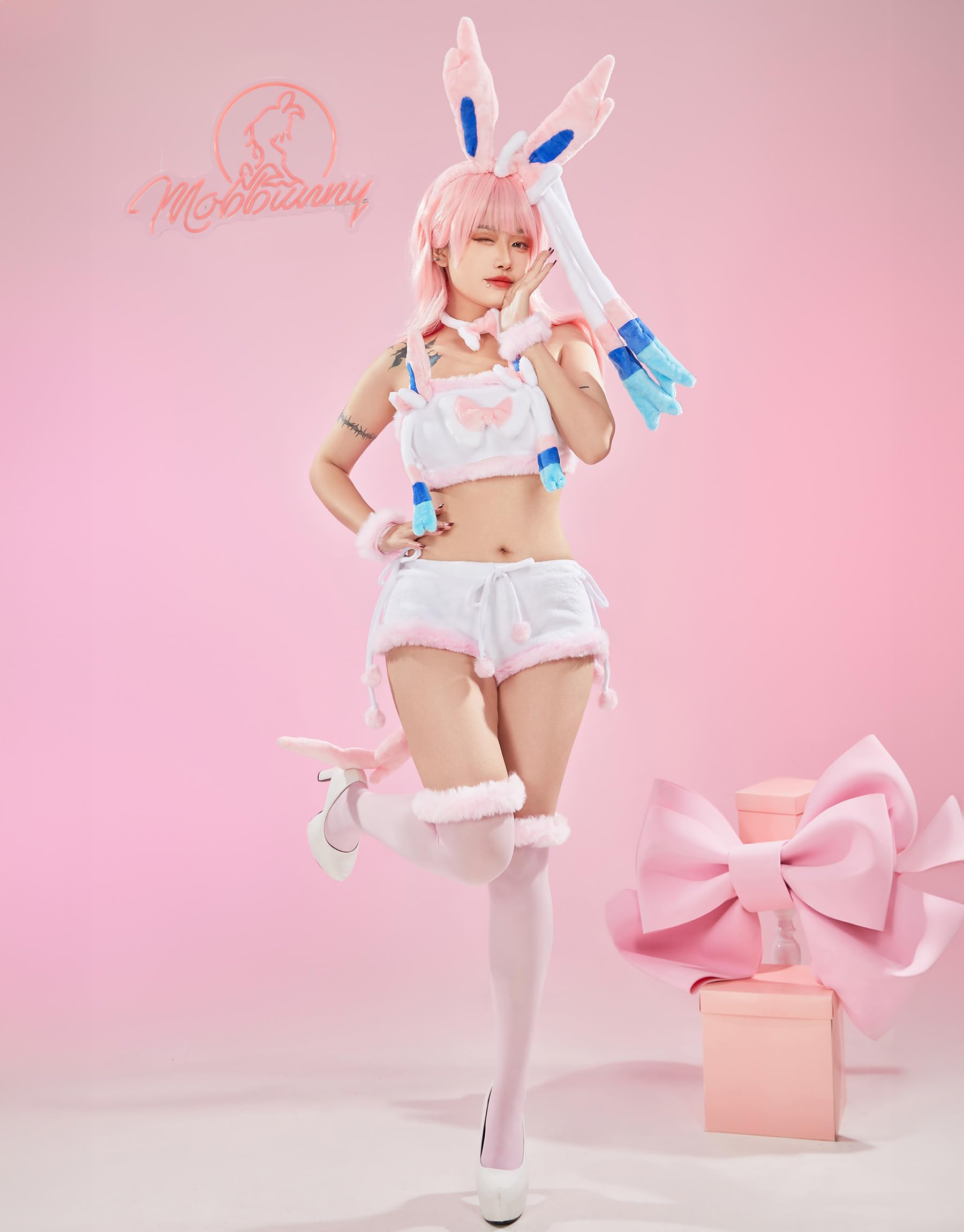 Mobbunny Women Cute Pajamas Set Pink Furry Tube Top and Shorts Anime Cosplay Homewear Sleepwear: Small