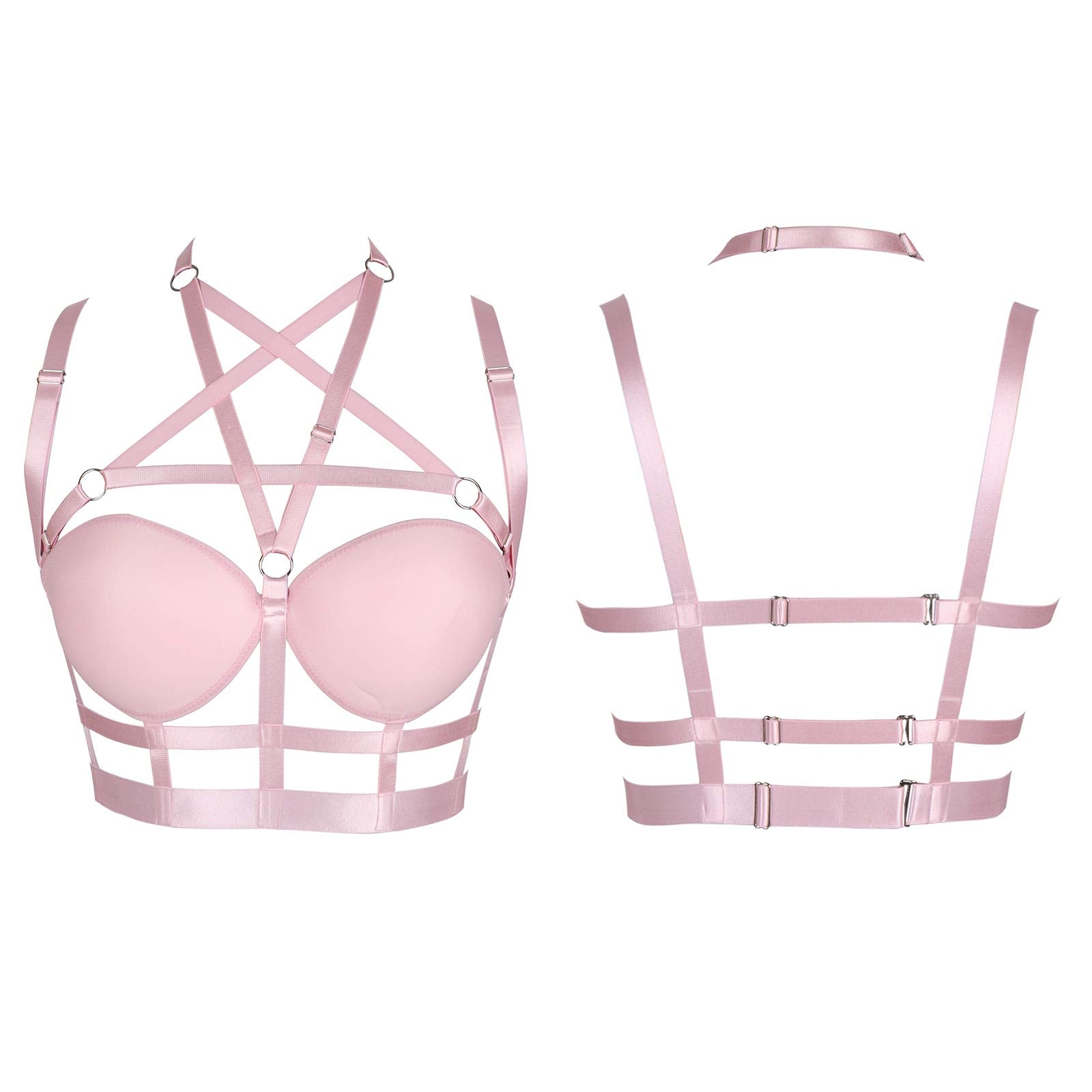 Woman's Body Harness Bra Lingerie cage Punk Goth Plus Size Festival Rave Pentagram Chest Strap Belt: Pink