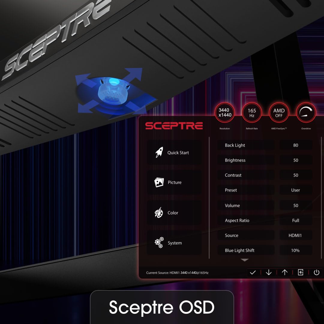 Sceptre 34-Inch Curved Ultrawide WQHD Monitor 3440 x 1440 R1500 up to 165Hz DisplayPort x2 99% sRGB 1ms Picture by Picture, Machine Black 2023 (C345B-QUT168): 34" Curved WQHD 165Hz
