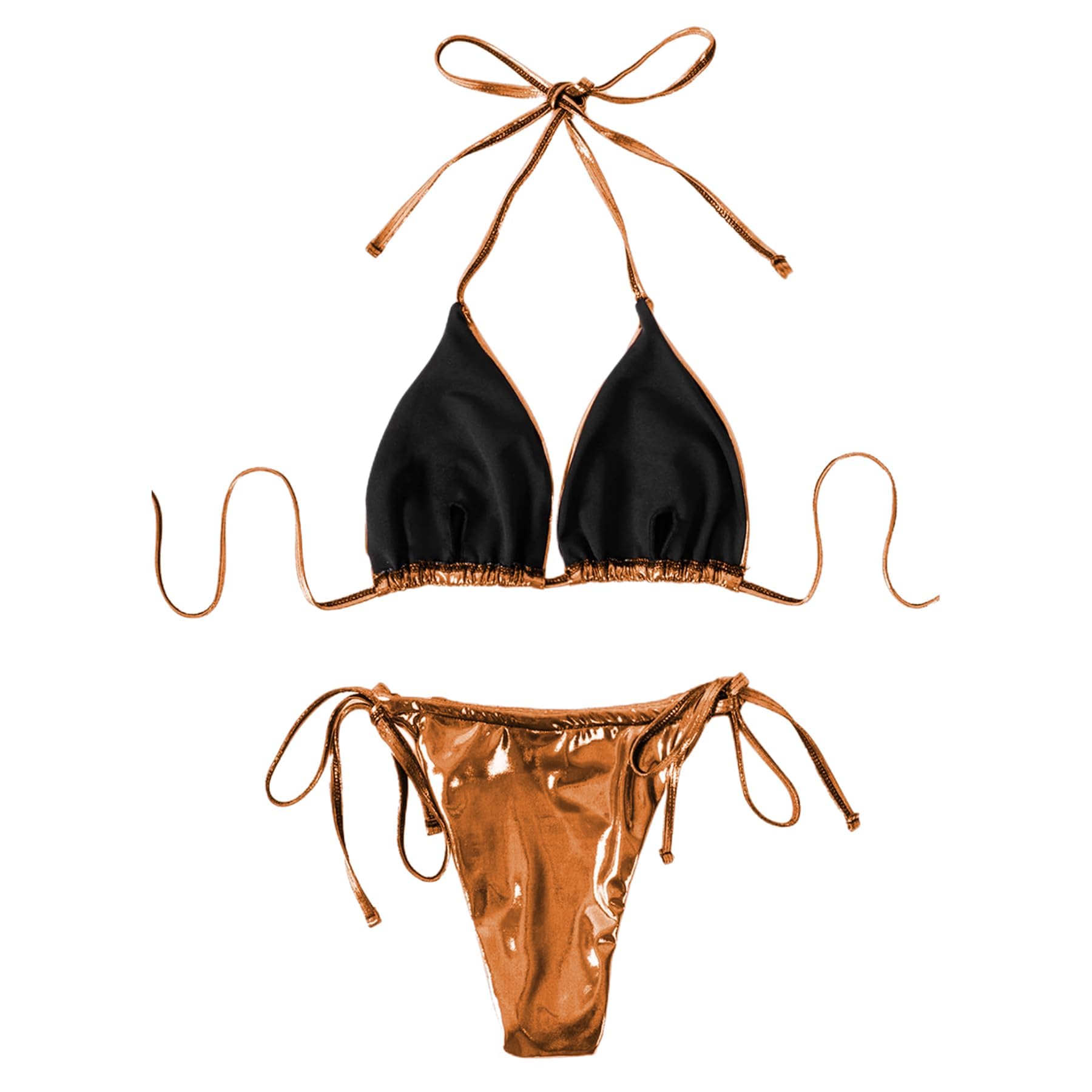 ZGMYC Women's 3 Piece Shiny Metallic Swimsuit Sexy Triangle Bikini Tie Side Thong Festival Outfit with Drawstring Mini Skirt: Small Orange