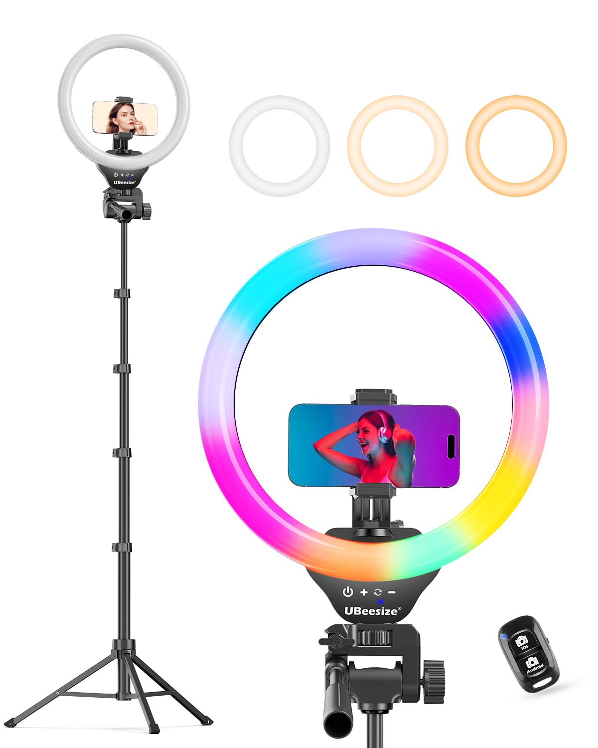 UBeesize 12'' Selfie Ring Light with 62’’ Tripod Stand for Video Recording, Live Streaming(YouTube, Instagram, TIK Tok), Compatible with Phones, Cameras and Webcams: RGB,White,Warm,Daylight Black