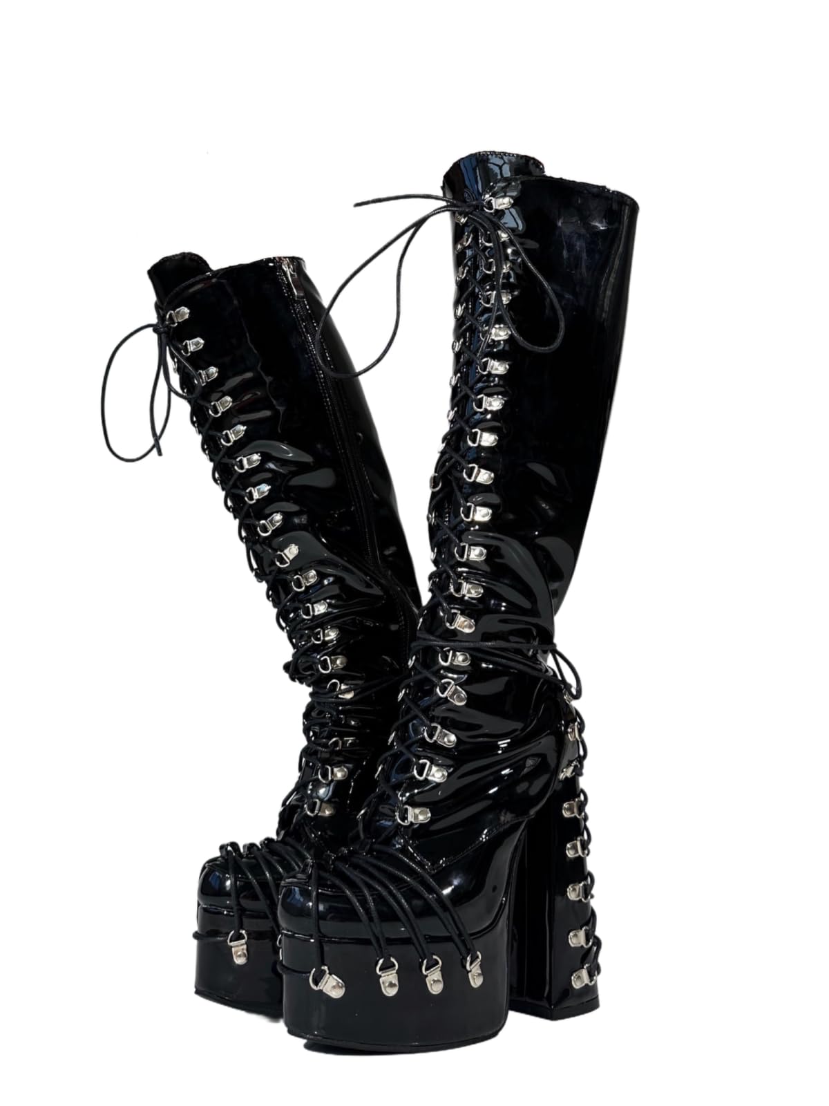 Frankie Hsu Goth Sexy Chunky Platform Knee High Heeled Lace Up Boots, Black Patent Silver Multi Buckle Gothic, Punk Y2K Hot Girl Big Large Size Wide Calf Long Shoes For Women Men