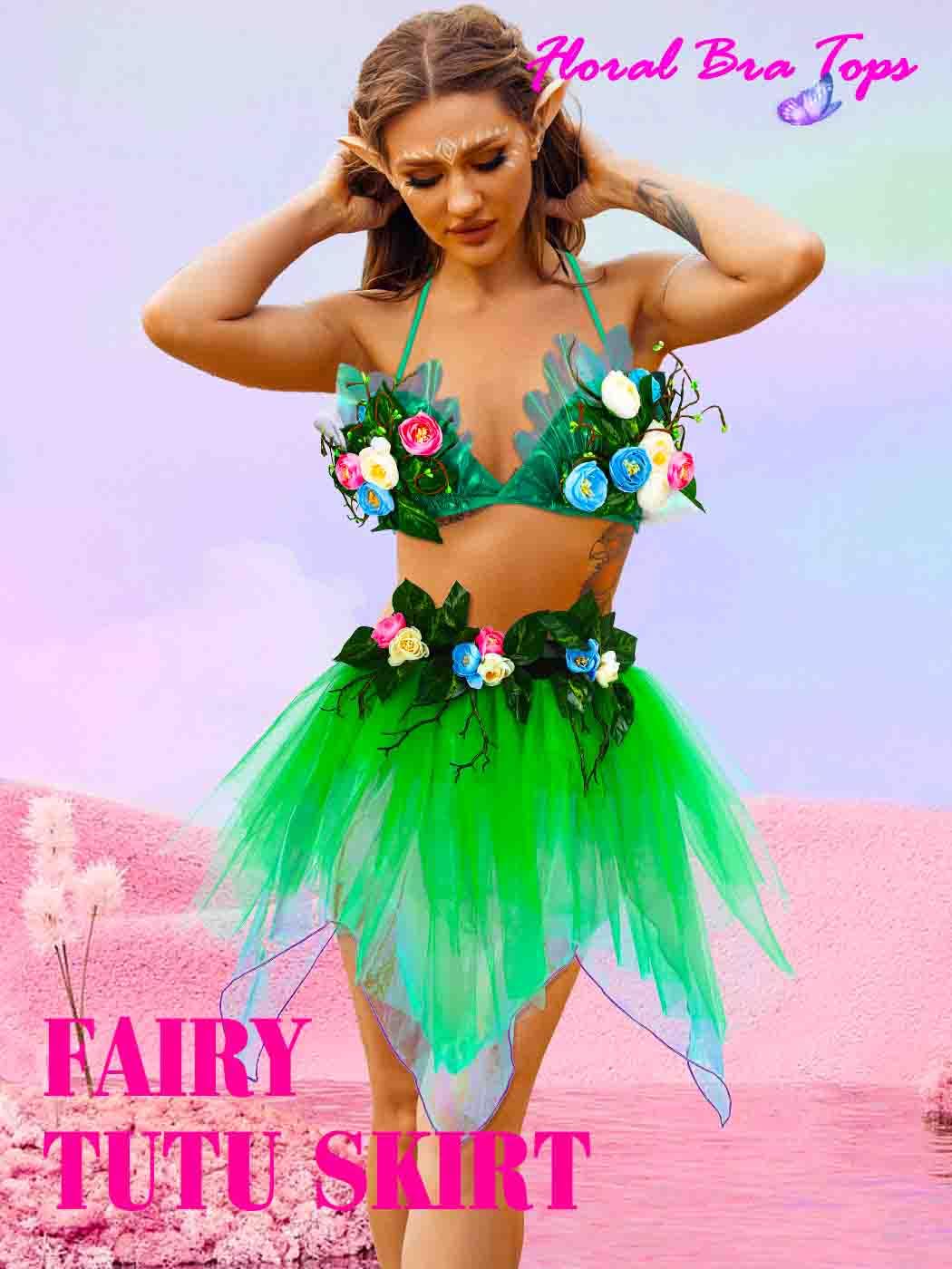 TWINKLEDE Women's Fairy Outfit Costume Floral Elf Tulle Tutu Skirt Forest Princess 3D Floral Bra Tops and Elf Ears