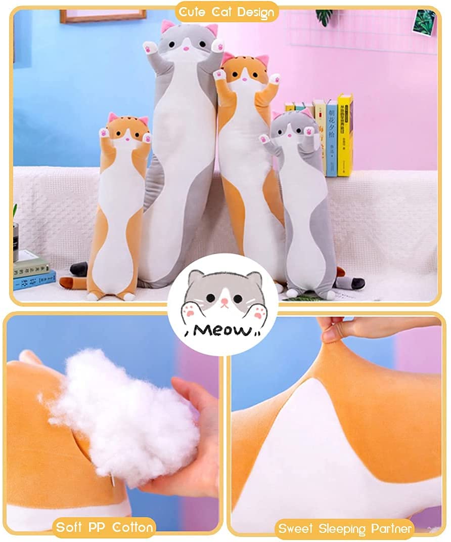 Cute Cat Plush Long Body Pillow Cuddle Cartoon Stuffed Animals Cat Plushie Soft Doll Pillows Gifts for Kids Girls (Orange, 27") thumbnail 3