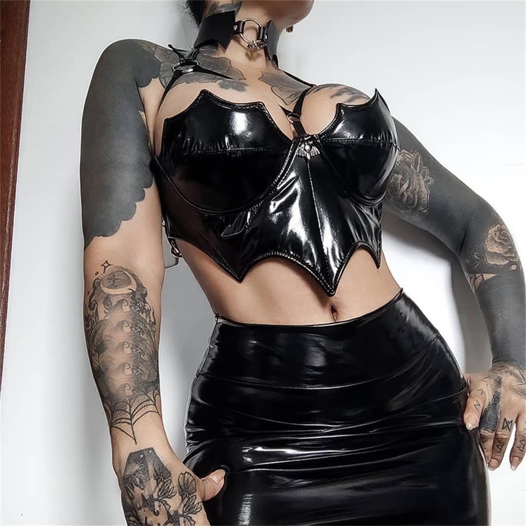 Twfsgirl Leather Halter Top Goth Black Corset Bustier Tops for Women: Sexy Gothic Punk Brami Emo Alt Camisole Small