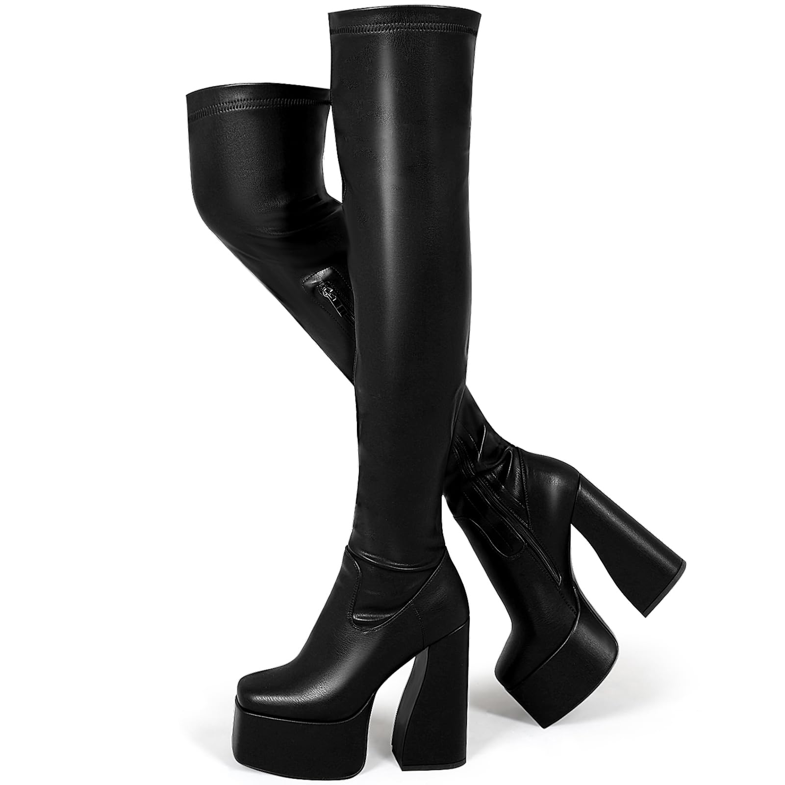 LanreyTaley Platform Thigh High Boots for Women Chunky Block Heels Over The Knee Boots Stretch Go-Go Boot Square Toe Party Boots with Zipper: 10 Black