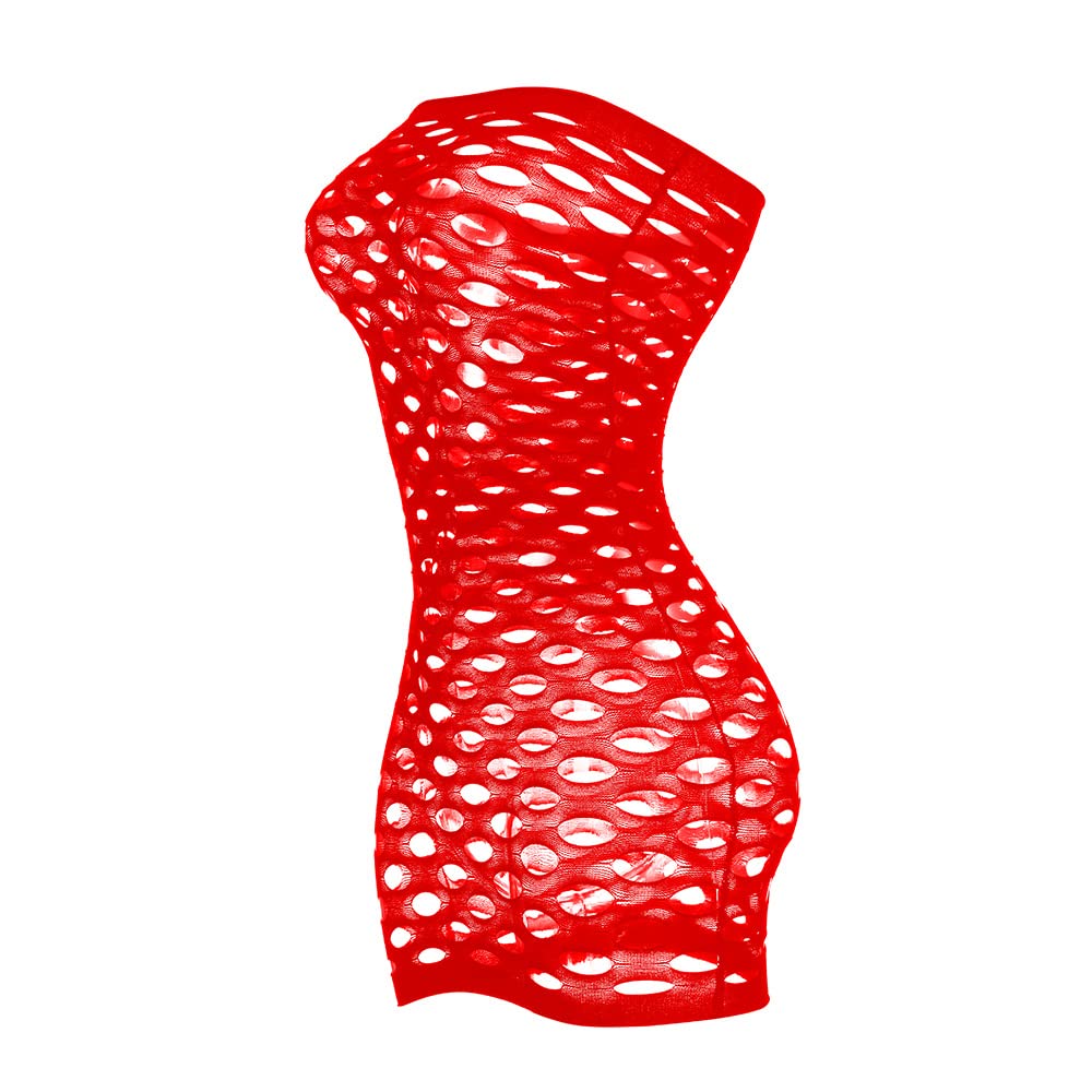 Vorifun Sexy Womens Strapless Fishnet Lingerie Sleepwear Mini Dress Tube Chemise Bodysuit One Size: Red