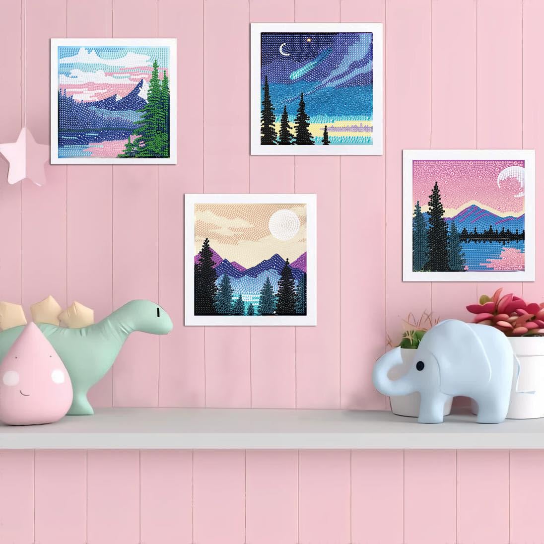 ARTMYRUI 4 Pack Diamond Painting Kits,Small Diamond Art Kits for Adults & Kids,5D Moon Mountain Lake Landscape Diamond Art Kits,DIY Diamond Dots Big Gem Crafts for Home Wall Decor Gifts （6x6Inch）.