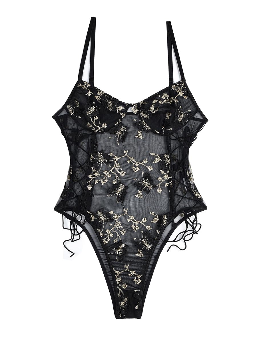 Lilosy Women Sexy Lace Up Floral Embroidered Teddy Lingerie Bodysuit Top Mesh Sheer One Piece: Small Butterfly Black